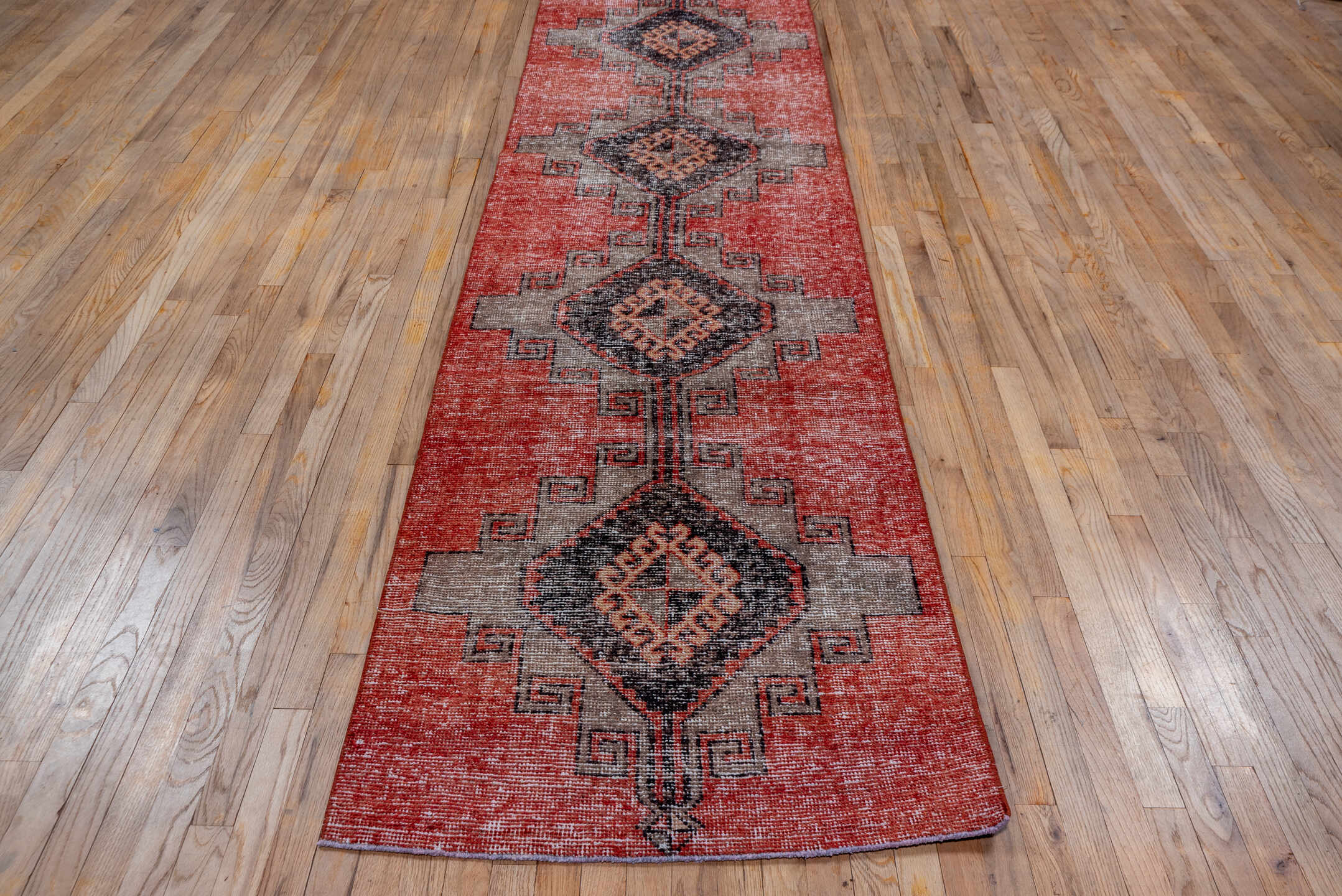3' x 13' one-of-a-kind handmade vintage Oushak runner rug. Color palette: brown, gray, pink, red, redwood