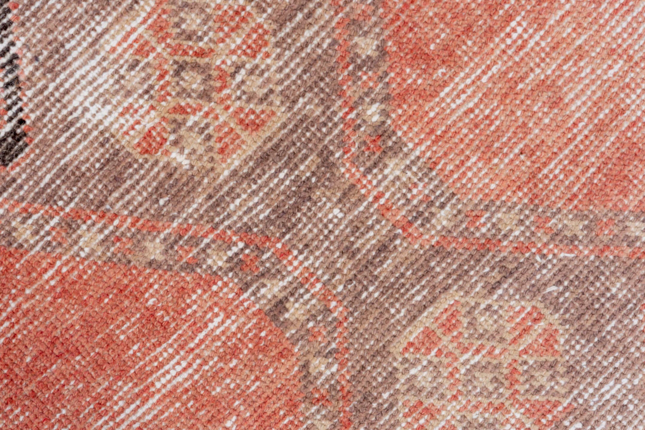 2' x 10' one-of-a-kind handmade vintage Oushak runner rug. Color palette: coral, taupe, ivory, charcoal, rose, terracotta
