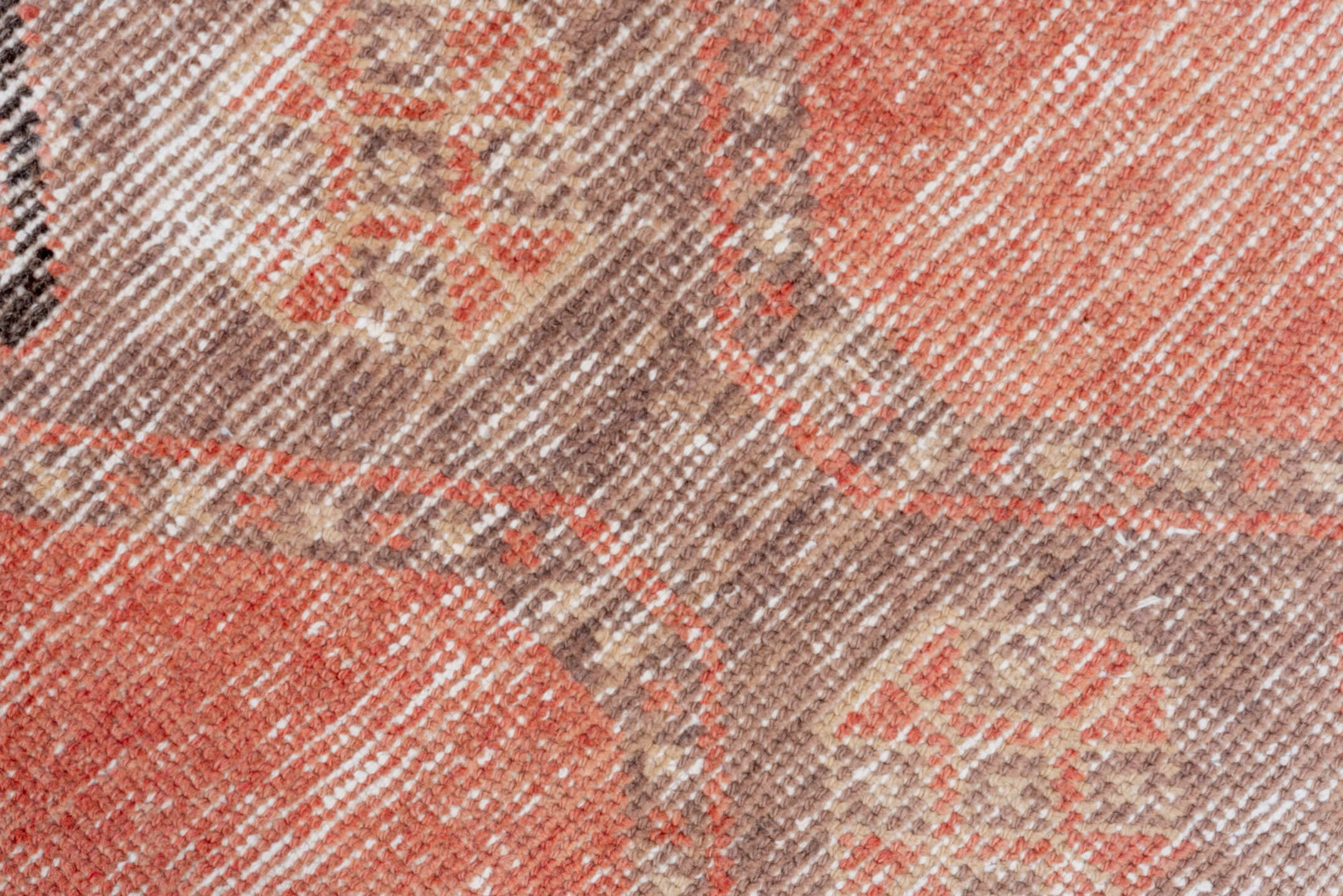 2' x 10' one-of-a-kind handmade vintage Oushak runner rug. Color palette: brown, off-white, orange, pink, snow, white