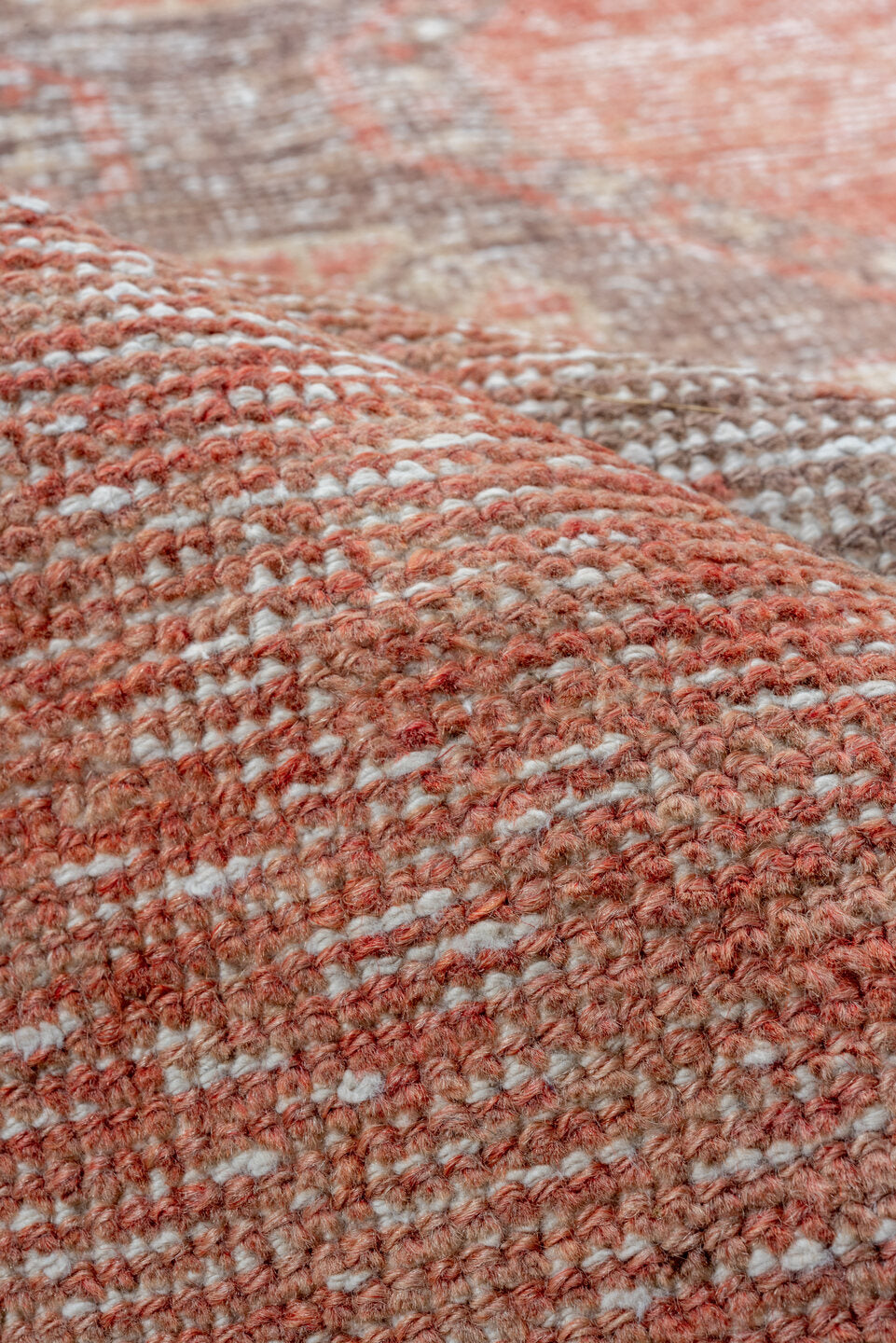 2' x 10' one-of-a-kind handmade vintage Oushak runner rug. Color palette: brown, off-white, orange, pink, snow, white