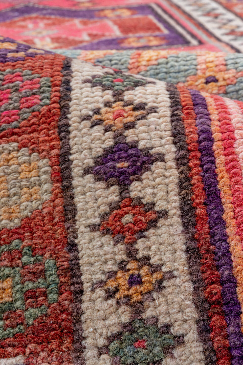 2' x 10' one-of-a-kind handmade vintage Oushak runner rug. Color palette: rose, rust, peach, ivory, plum, terra cotta, sage
