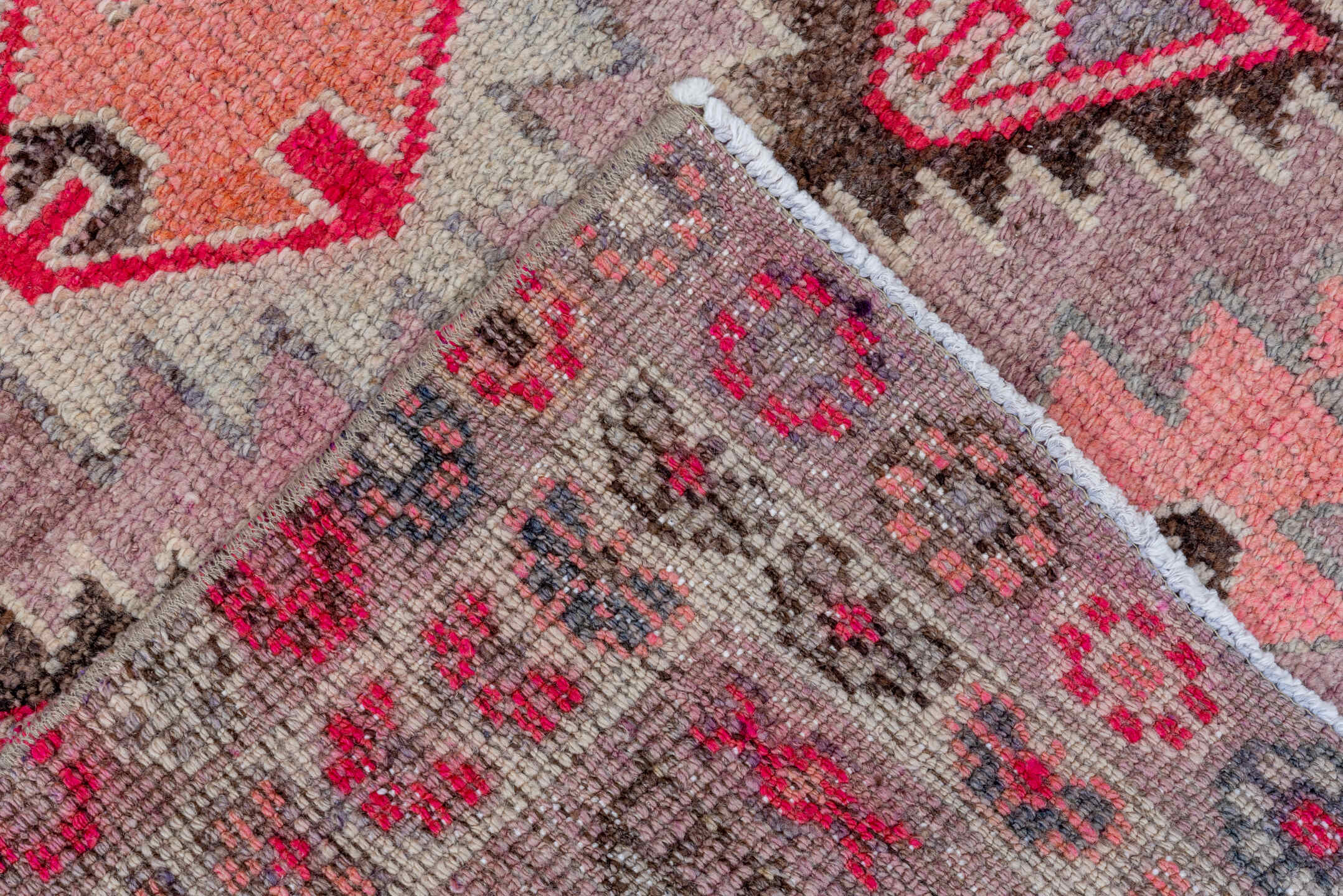 2' x 11' one-of-a-kind handmade vintage Oushak runner rug. Color palette: brown, gray, light gray, off-white, pink, red