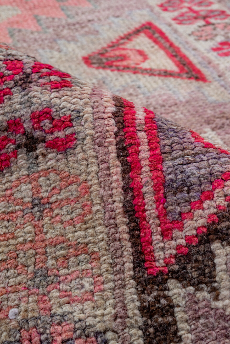 2' x 11' one-of-a-kind handmade vintage Oushak runner rug. Color palette: brown, gray, light gray, off-white, pink, red