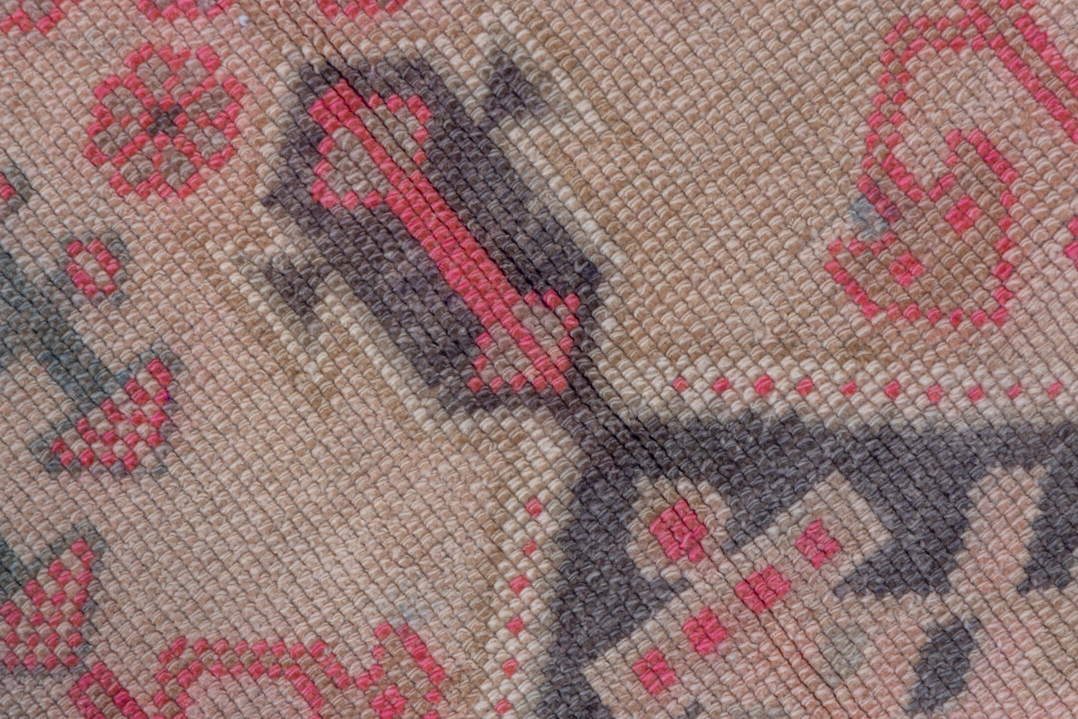 2' x 12' one-of-a-kind handmade vintage Oushak runner rug. Color palette: brown, gray, light gray, off-white, pink, red