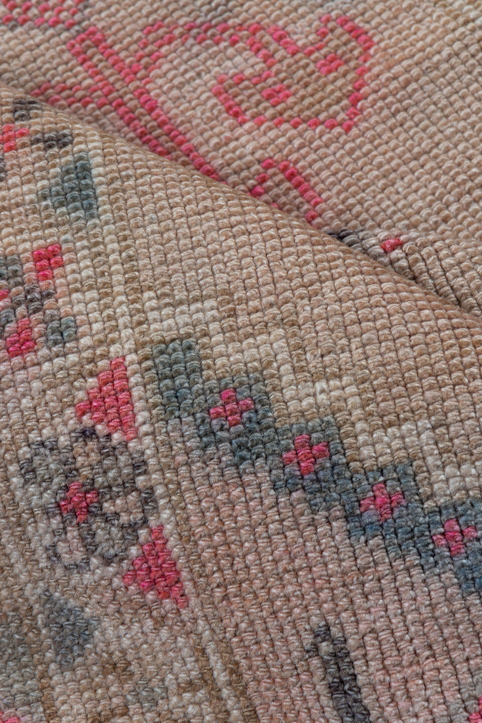 2' x 12' one-of-a-kind handmade vintage Oushak runner rug. Color palette: ivory, blush, rose, charcoal, taupe, coral, pink