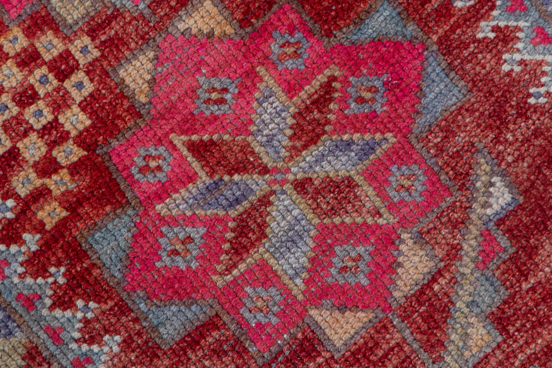 2' x 11' one-of-a-kind handmade vintage Oushak runner rug. Color palette: red, ivory, blue, pink, gold, rust, lavender