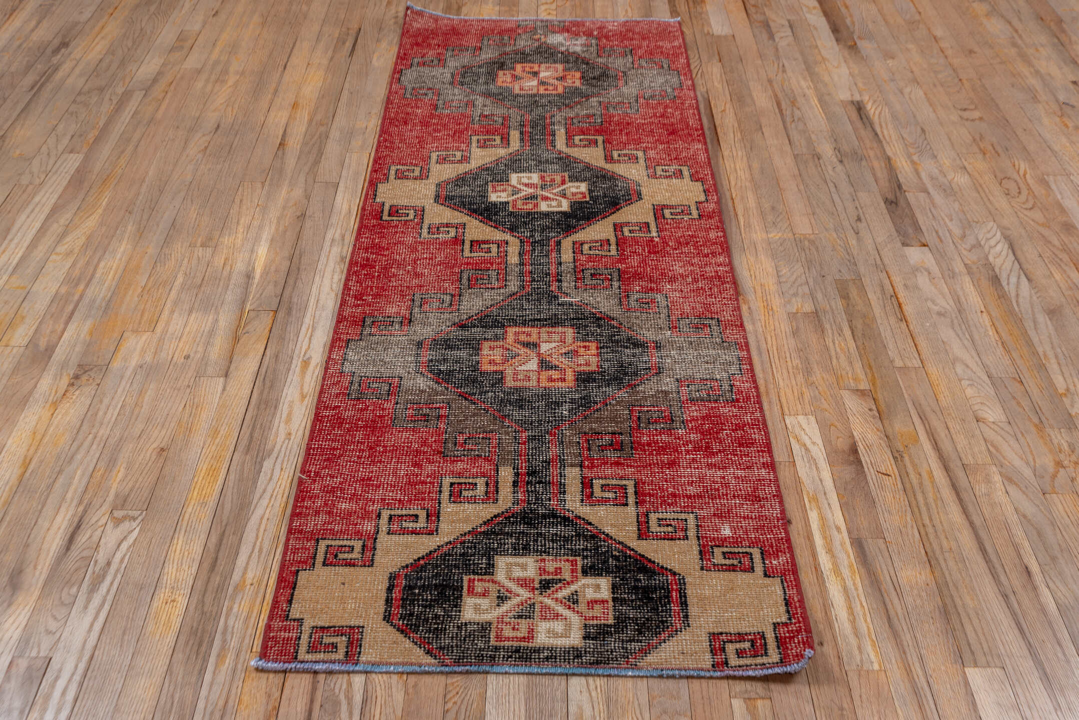 2' x 7' one-of-a-kind handmade vintage Oushak runner rug. Color palette: red, charcoal, ivory, rose, taupe, gray, black