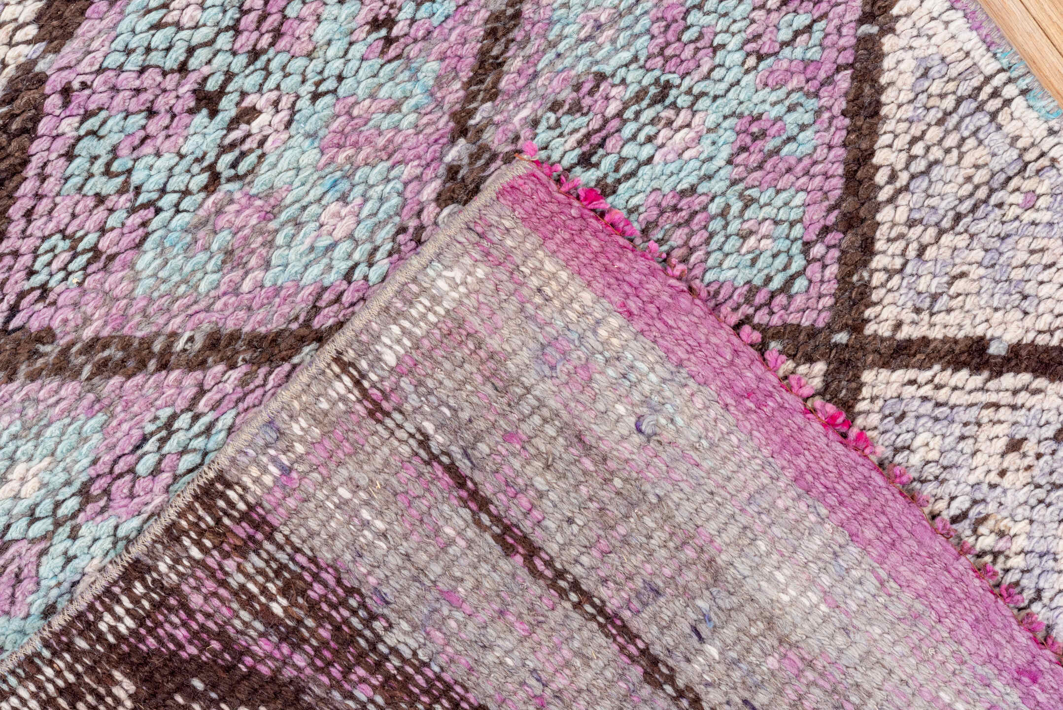 2' x 11' one-of-a-kind handmade vintage Oushak runner rug. Color palette: lavender, plum, ivory, aqua, rose, charcoal