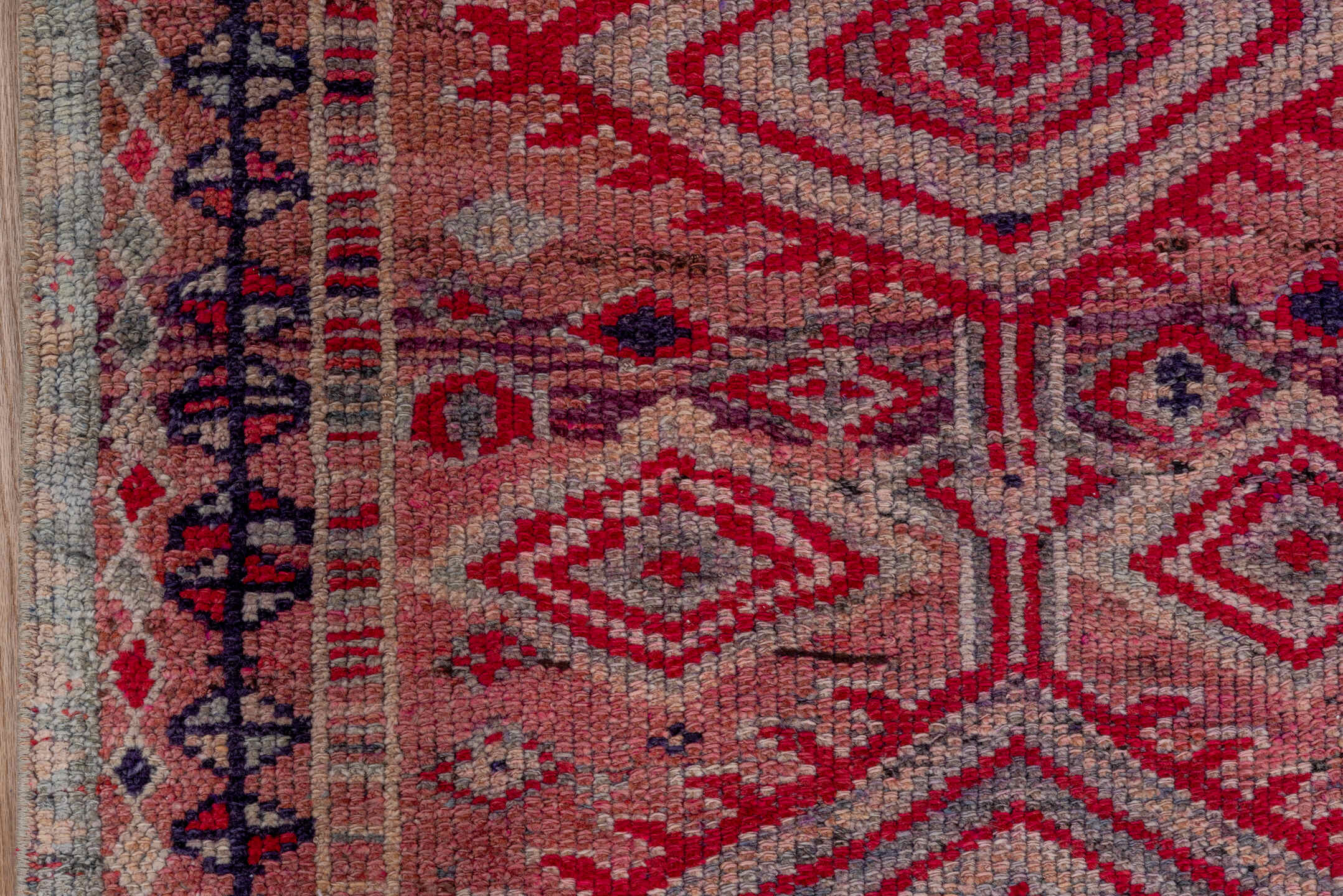 2' x 10' one-of-a-kind handmade vintage Oushak runner rug. Color palette: brown, gray, pink, red, rosy brown