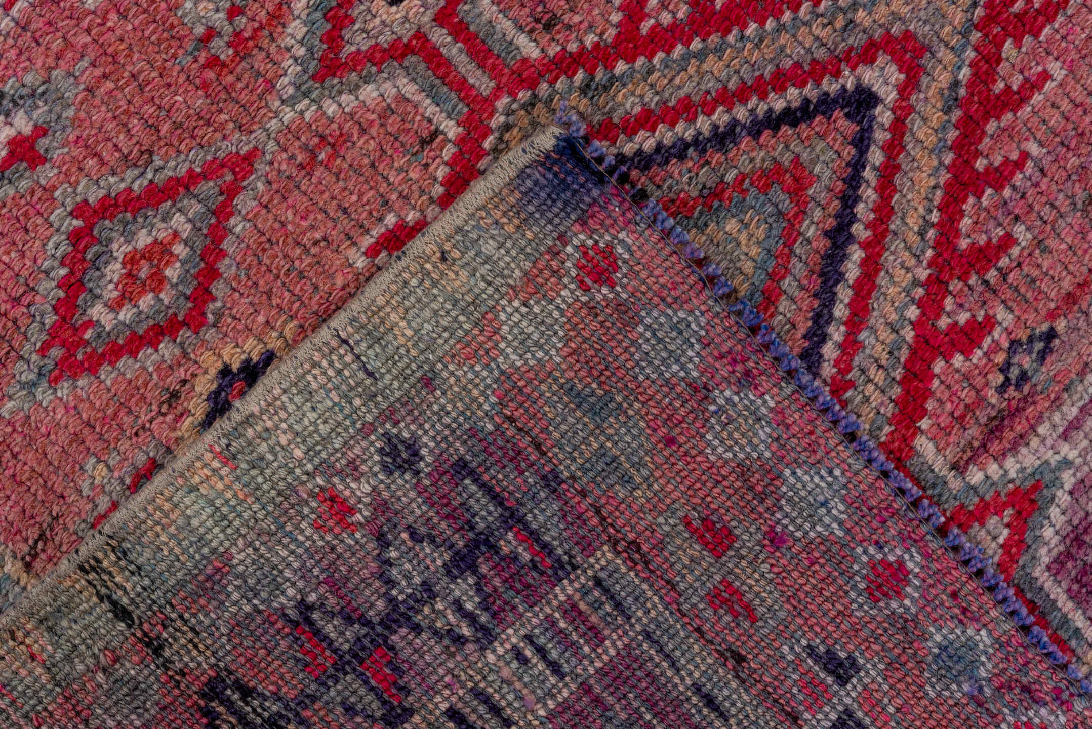 2' x 10' one-of-a-kind handmade vintage Oushak runner rug. Color palette: brown, gray, pink, red, rosy brown