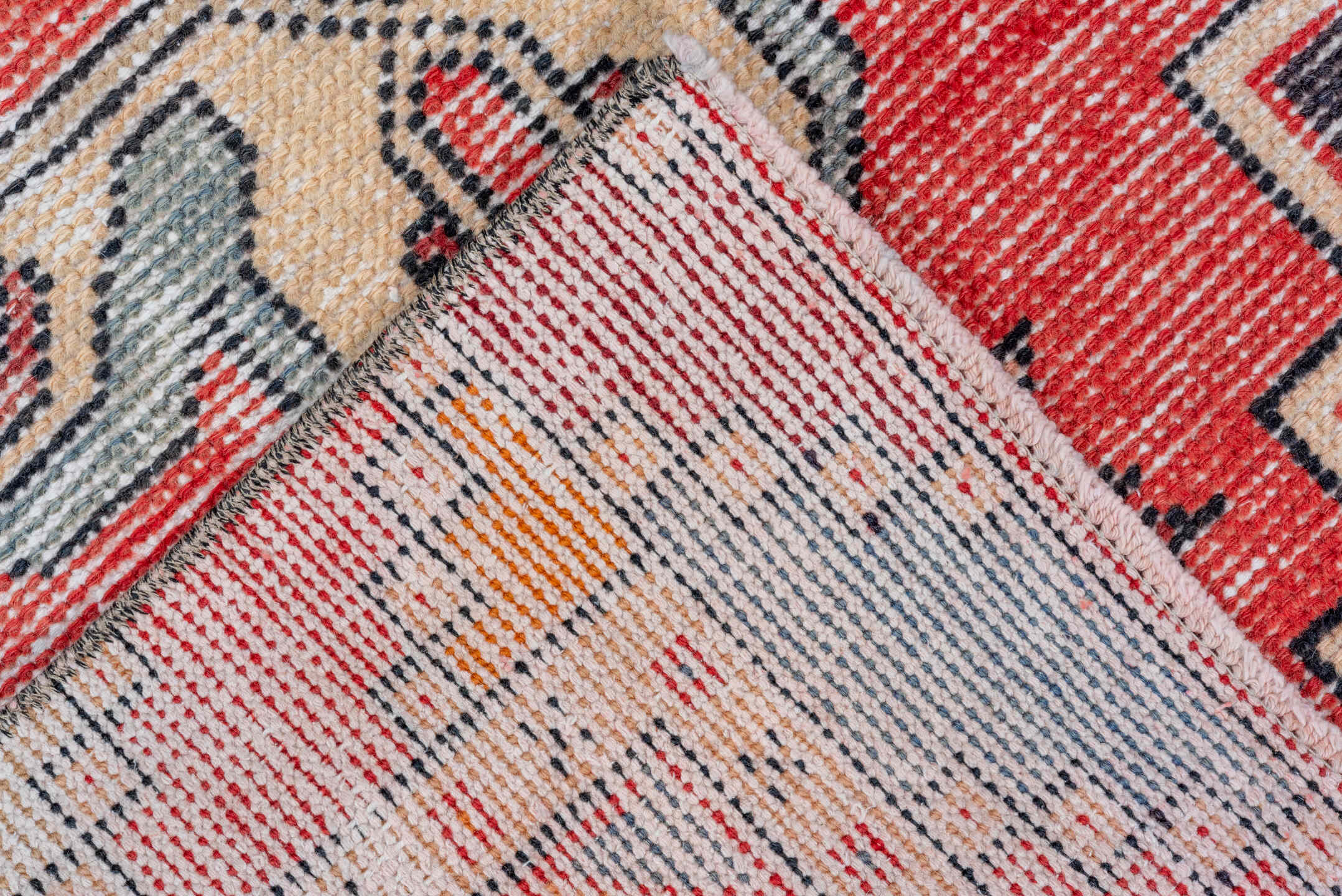 2' x 8' one-of-a-kind handmade vintage Oushak runner rug. Color palette: coral, ivory, slate, charcoal, peach, rose, taupe