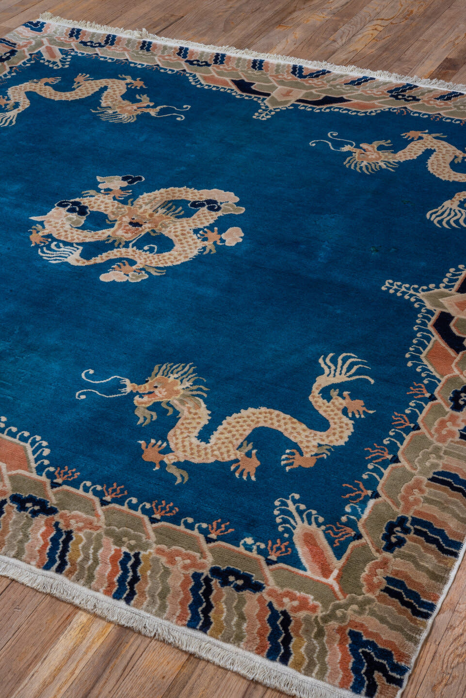 6' x 6' one-of-a-kind handmade vintage Chinese rug. Color palette: blue, ivory, peach, navy, taupe, camel, terracotta, pink