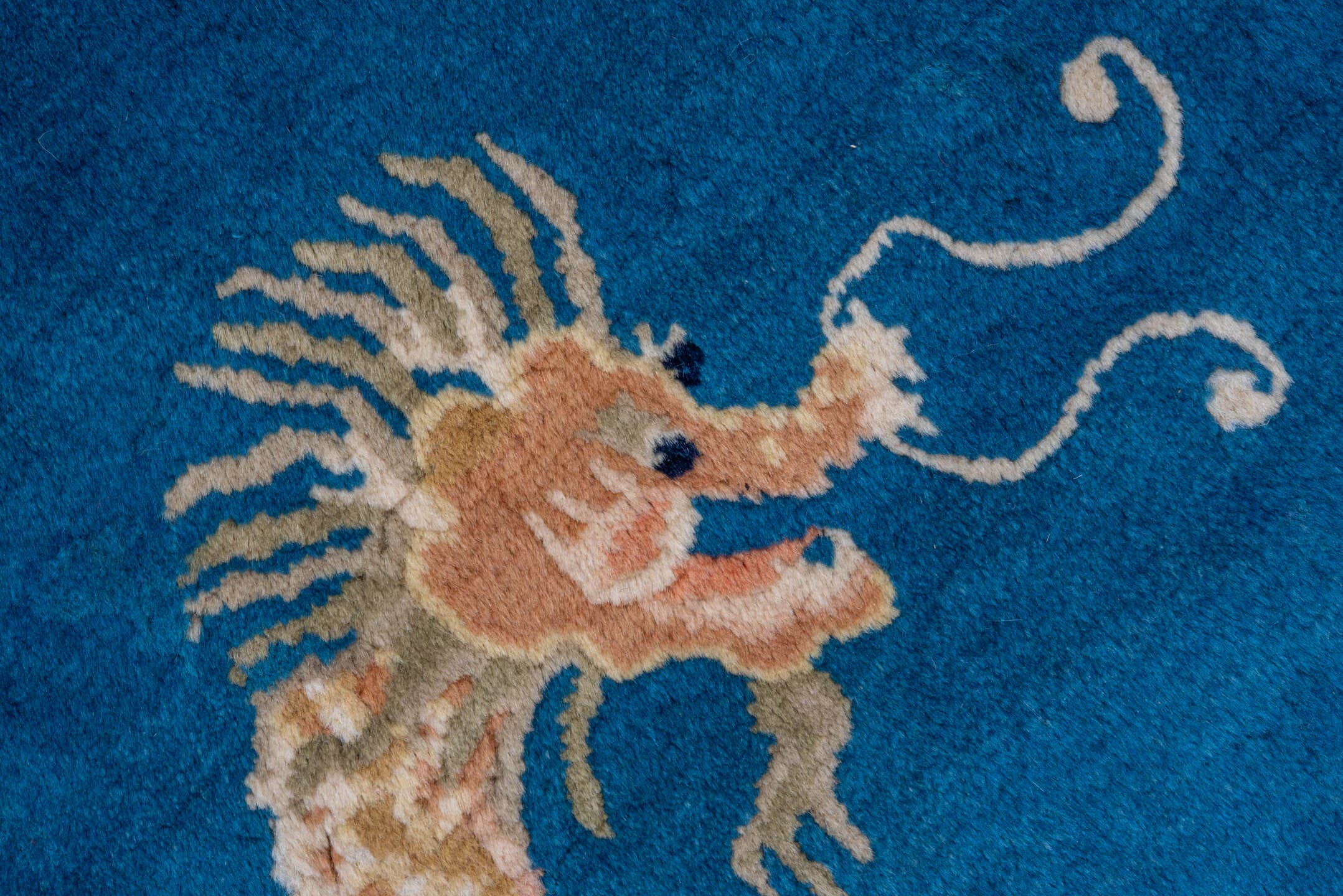 6' x 6' one-of-a-kind handmade vintage Chinese rug. Color palette: blue, ivory, peach, navy, taupe, camel, terracotta, pink