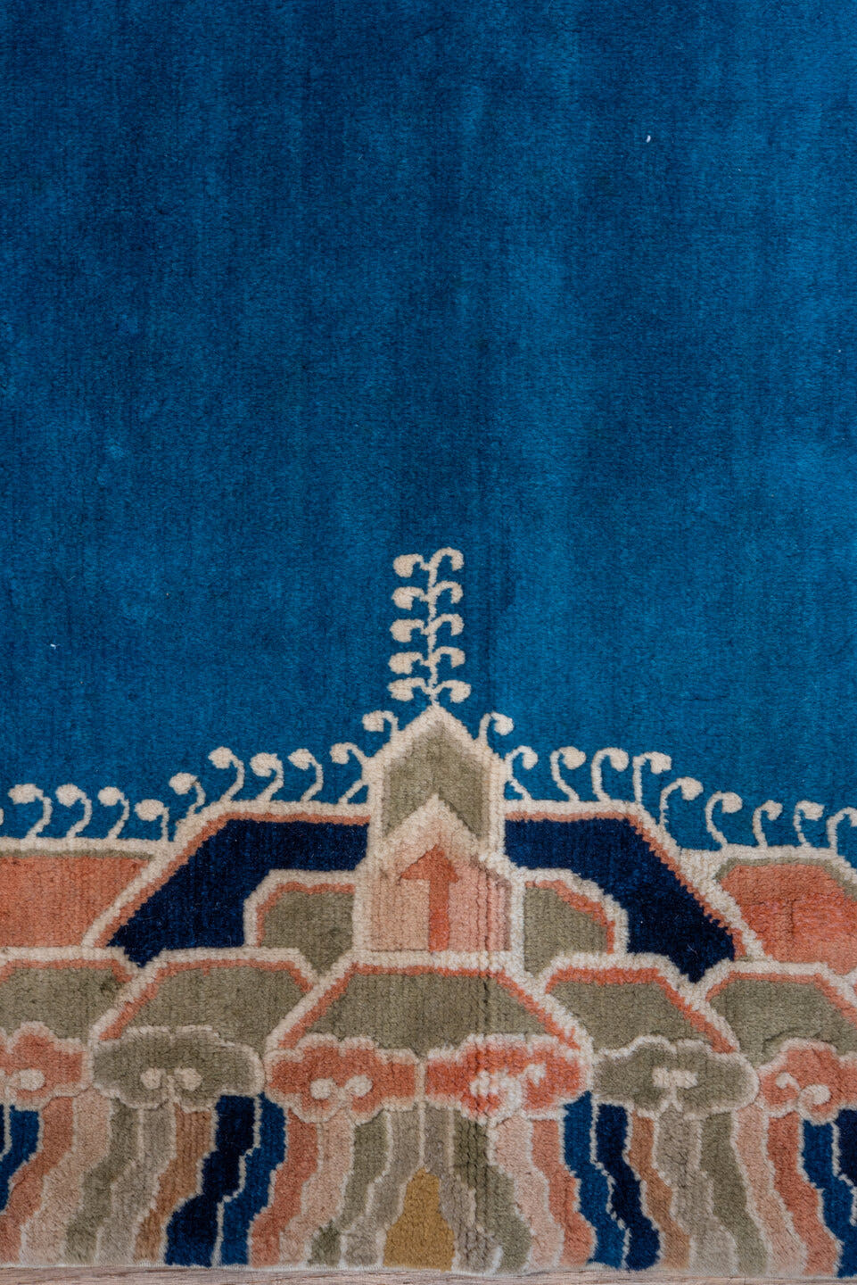 6' x 6' one-of-a-kind handmade vintage Chinese rug. Color palette: blue, ivory, peach, navy, taupe, camel, terracotta, pink