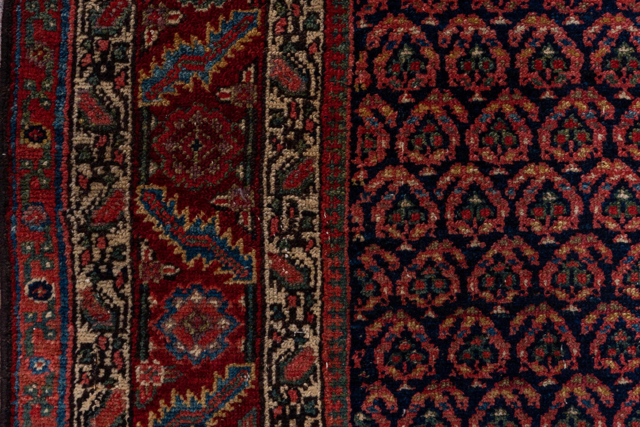 5' x 11' one-of-a-kind handmade vintage Malayer rug. Color palette: rust, navy, ivory, burgundy, camel, charcoal, terracotta