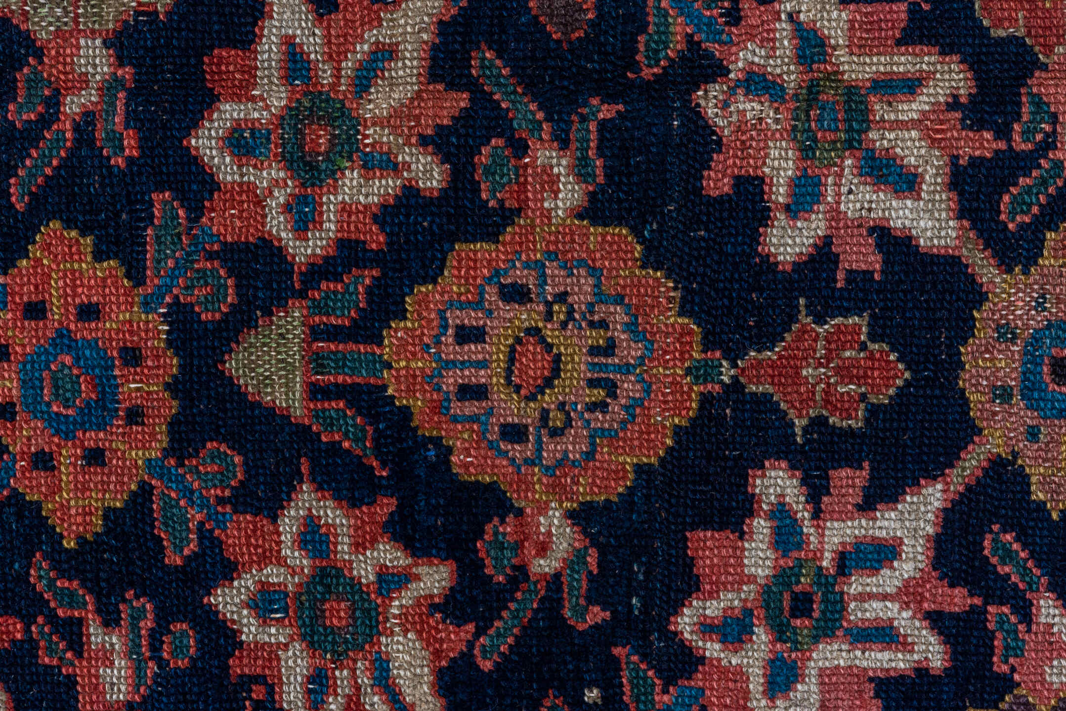 5' x 12' one-of-a-kind handmade vintage Malayer rug. Color palette: navy, rust, camel, ivory, rose, slate, charcoal, blue