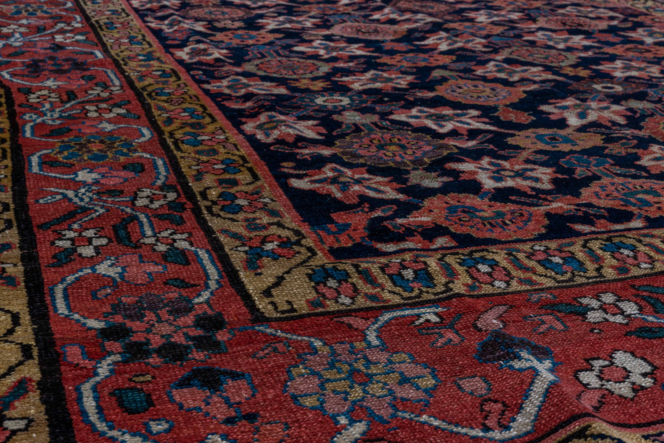 5' x 12' one-of-a-kind handmade vintage Malayer rug. Color palette: navy, rust, camel, ivory, rose, slate, charcoal, blue