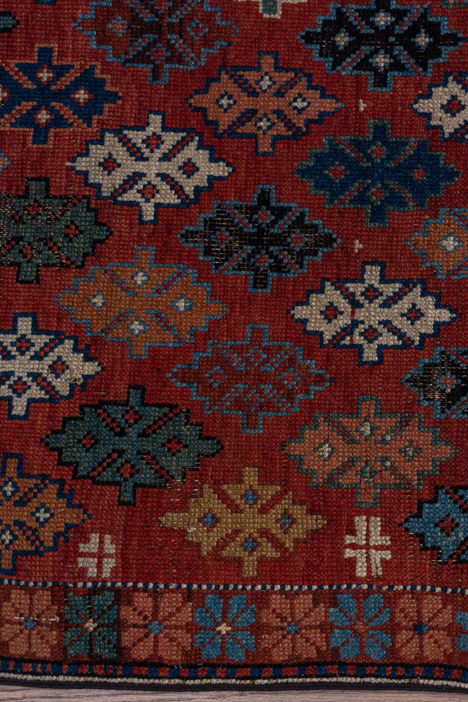 2' x 4' one-of-a-kind handmade vintage Shirvan small size rug. Color palette: black, brown, gray, pink, red