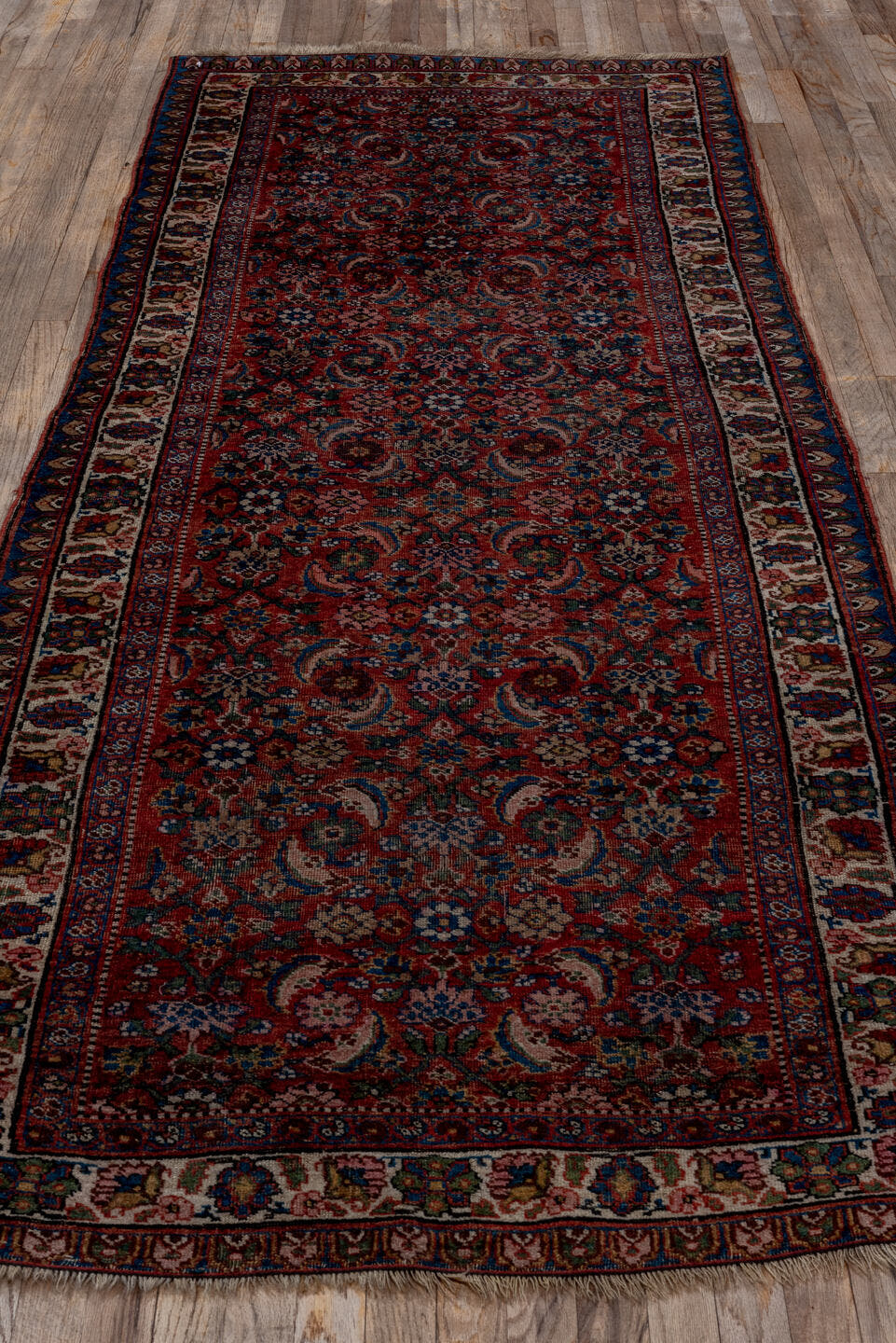 3' x 10' one-of-a-kind handmade vintage Bidjar runner rug. Color palette: rust, ivory, navy, burgundy, camel, charcoal