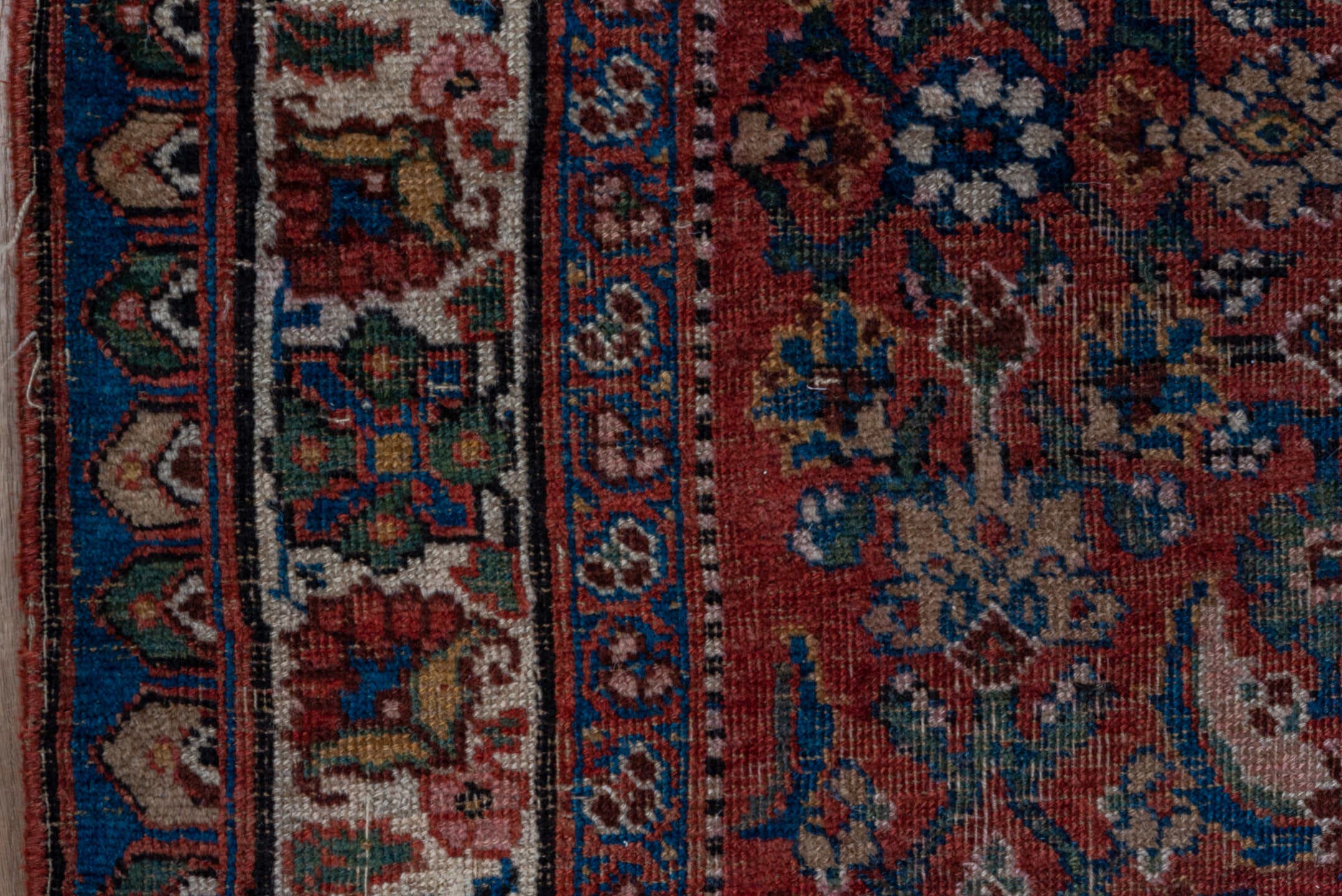 3' x 10' one-of-a-kind handmade vintage Bidjar runner rug. Color palette: rust, ivory, navy, burgundy, camel, charcoal