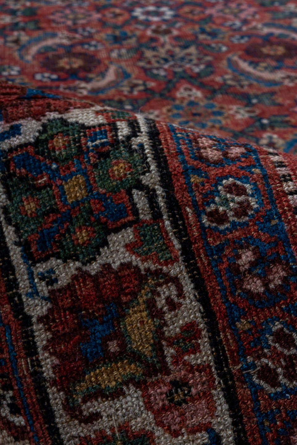 3' x 10' one-of-a-kind handmade vintage Bidjar runner rug. Color palette: rust, ivory, navy, burgundy, camel, charcoal