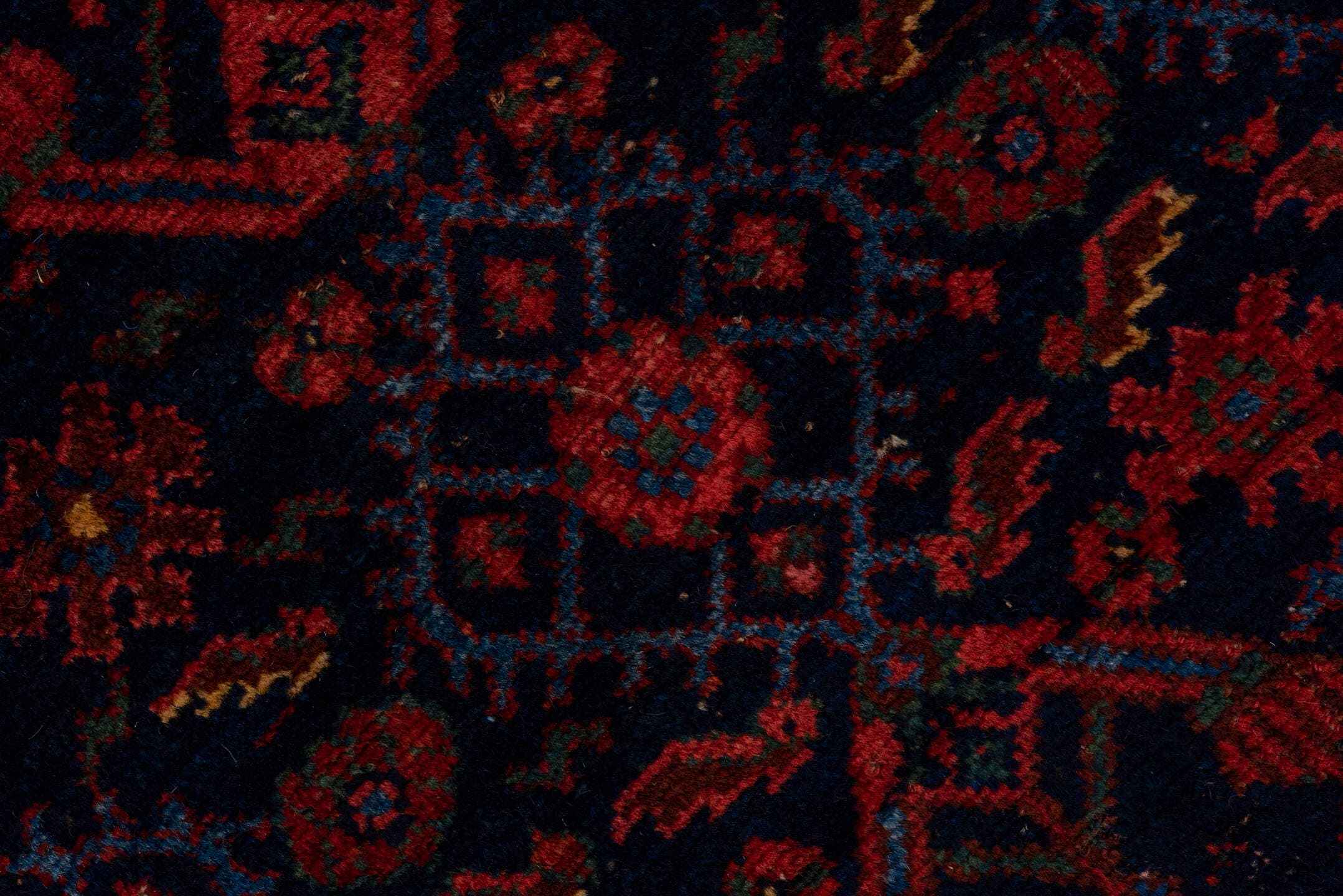 4' x 7' one-of-a-kind handmade vintage Bidjar rug. Color palette: navy, rust, crimson, indigo, burgundy, ivory, blue