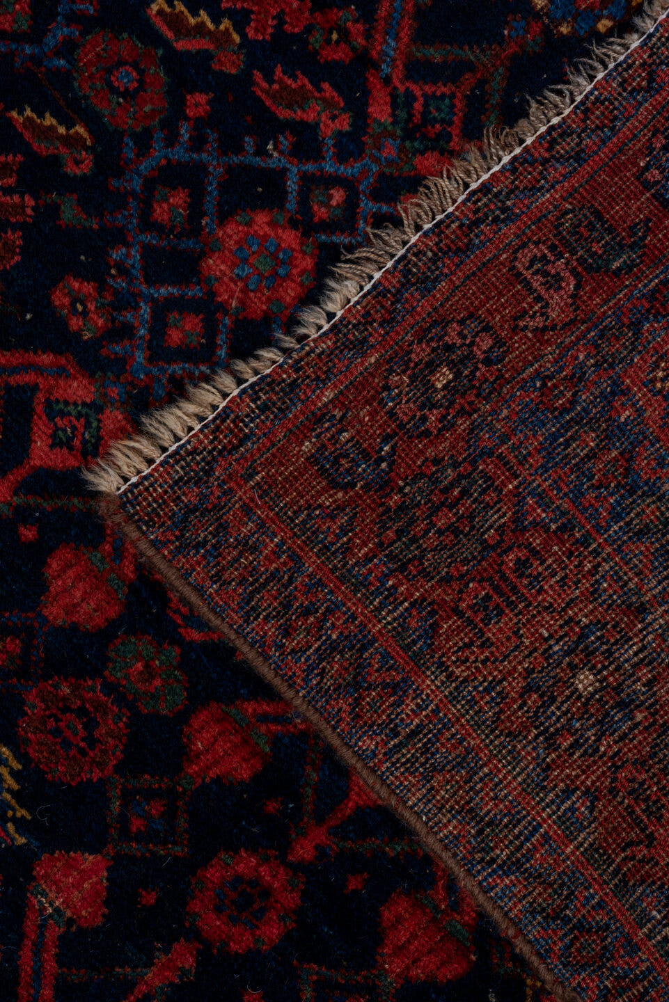 4' x 7' one-of-a-kind handmade vintage Bidjar rug. Color palette: navy, rust, crimson, indigo, burgundy, ivory, blue