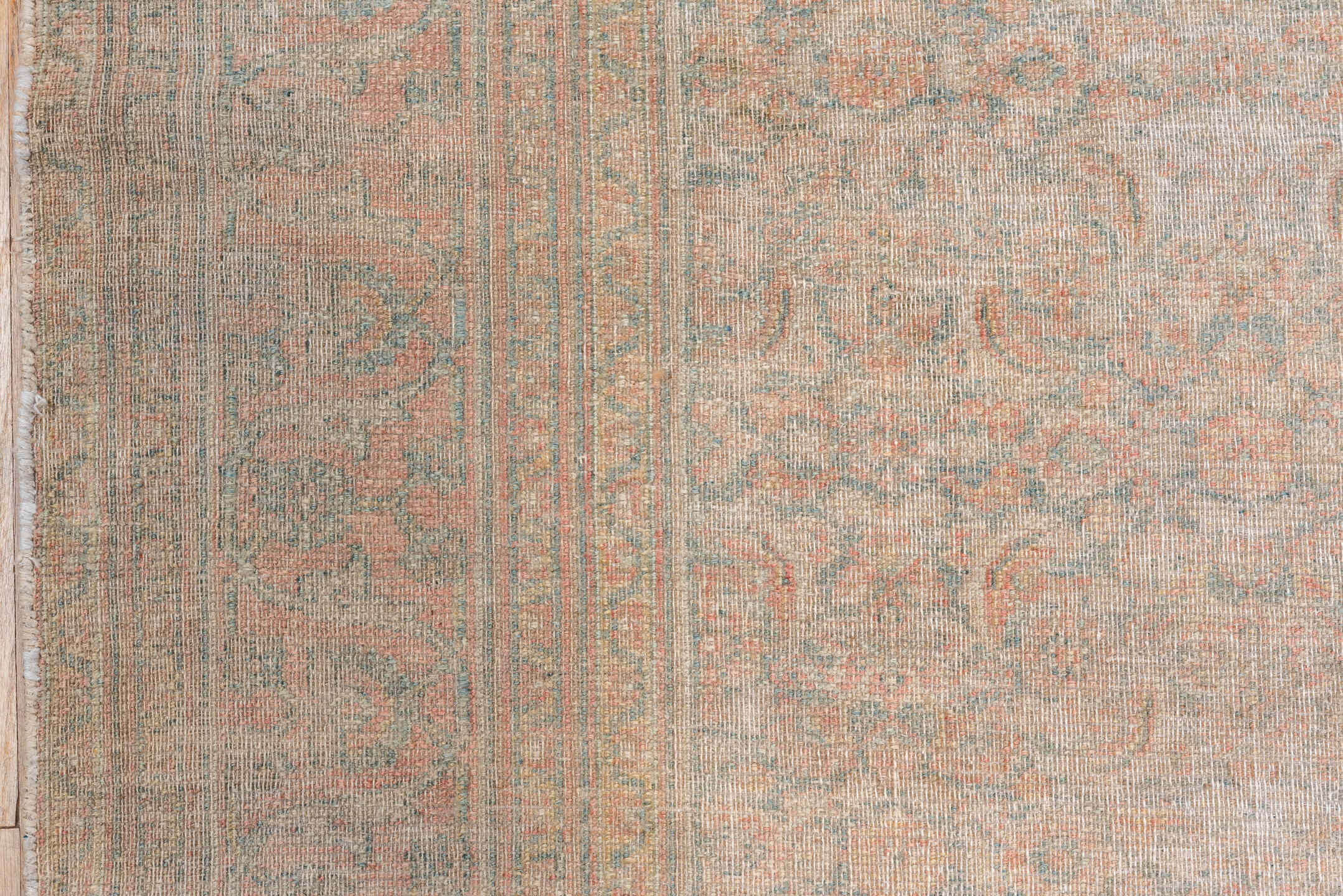 6' x 7' one-of-a-kind handmade vintage Khorassan rug. Color palette: ivory, blush, taupe, beige, sage, sand, pink, gray