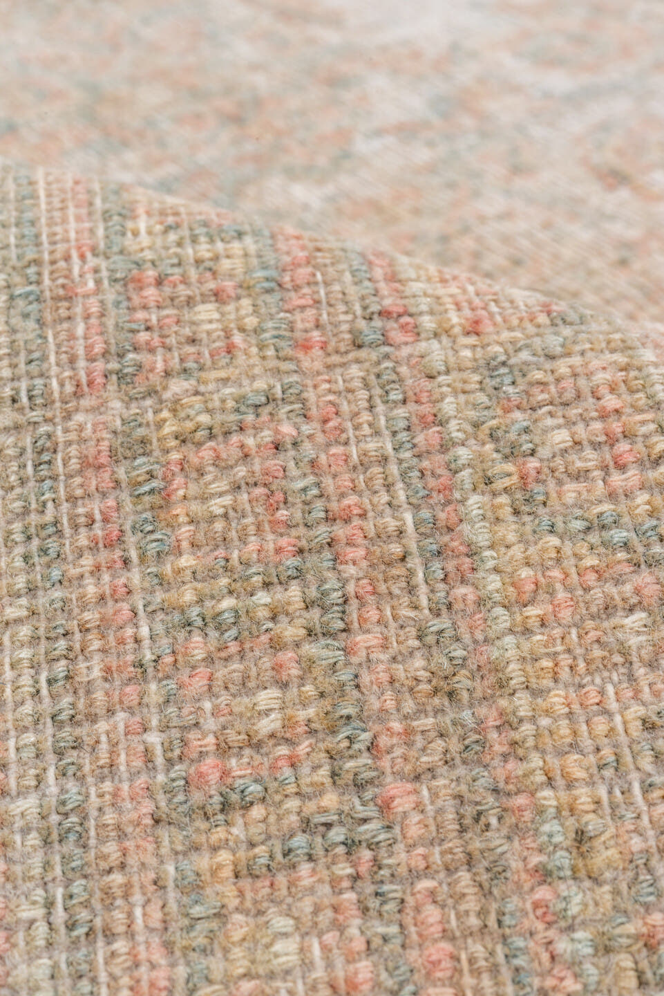 6' x 7' one-of-a-kind handmade vintage Khorassan rug. Color palette: ivory, blush, taupe, beige, sage, sand, pink, gray