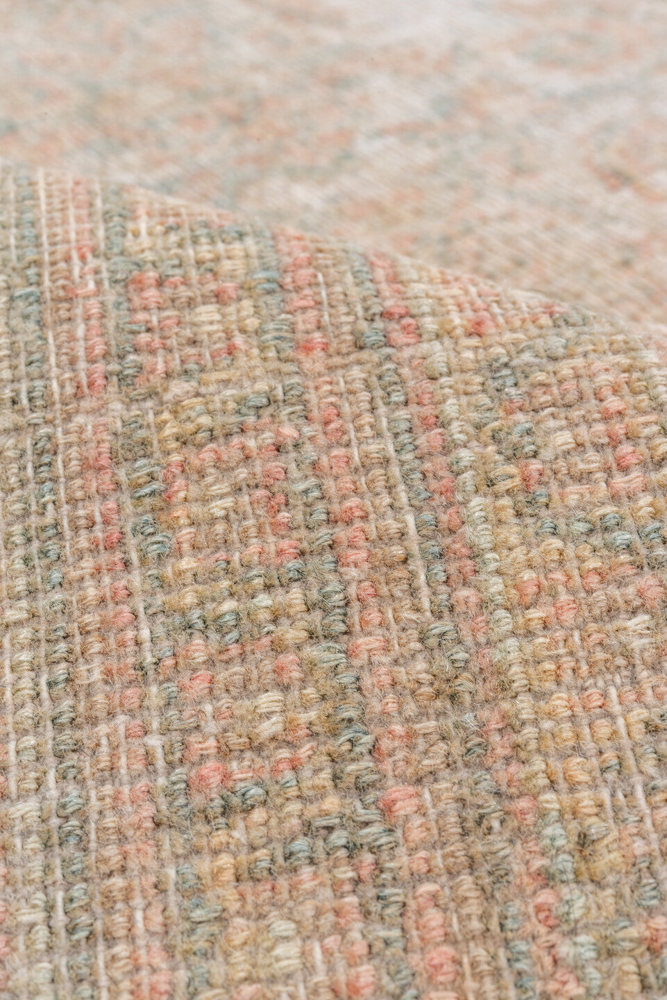6' x 7' one-of-a-kind handmade vintage Khorassan rug. Color palette: ivory, blush, taupe, beige, sage, sand, pink, gray