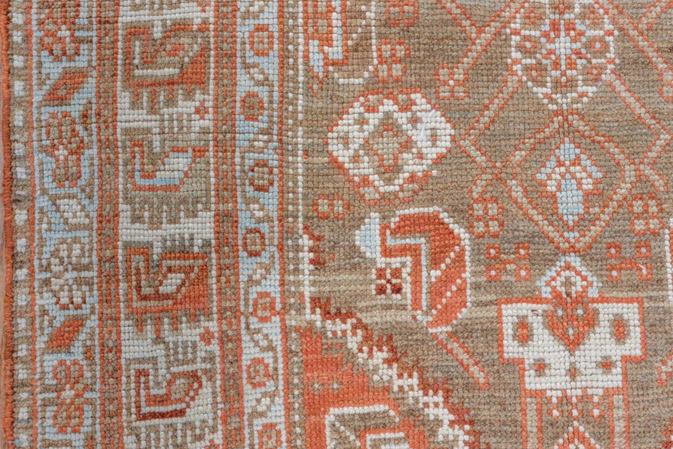 2' x 13' one-of-a-kind handmade vintage Malayer runner rug. Color palette: terra cotta, taupe, ivory, rust, camel, brown
