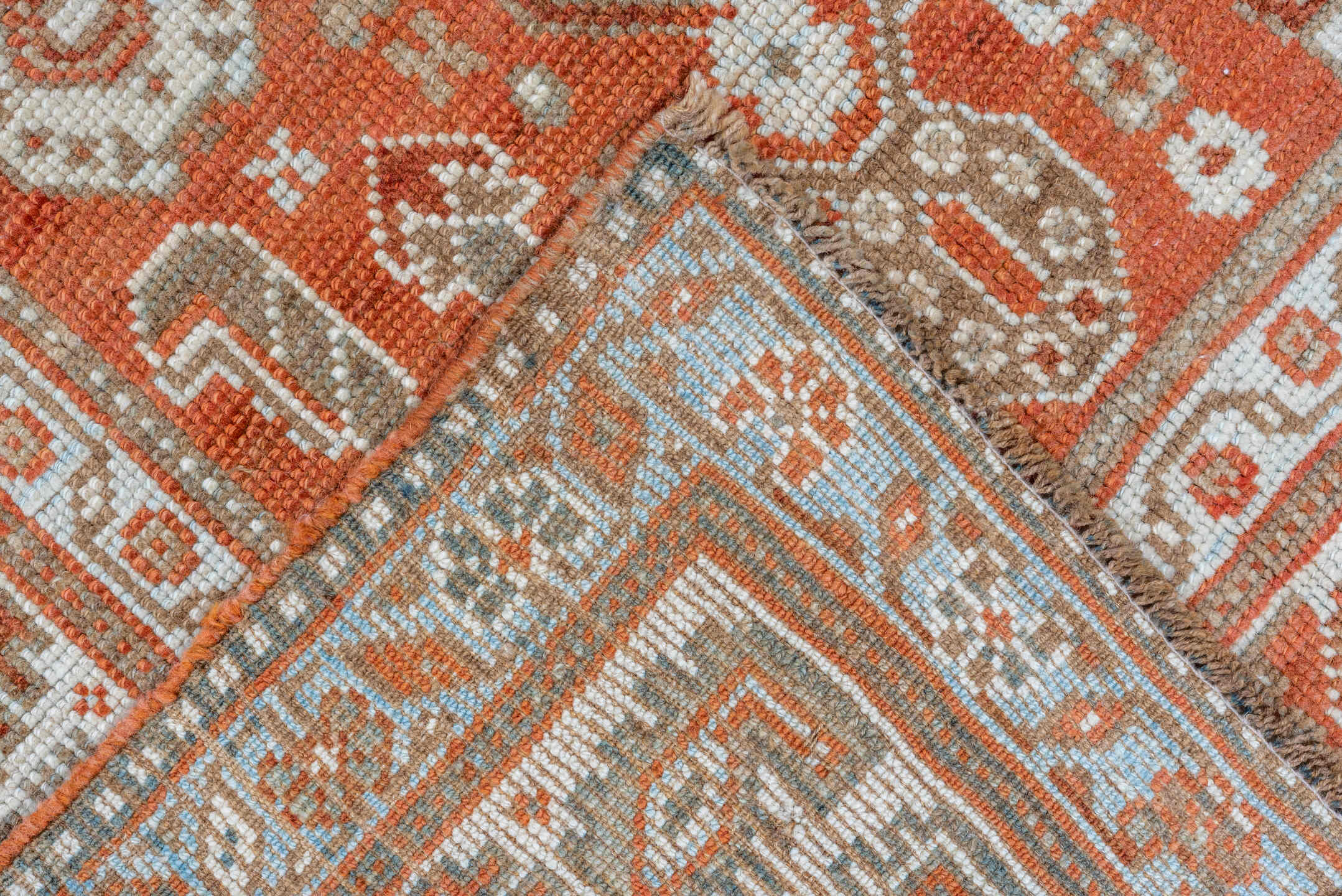 2' x 13' one-of-a-kind handmade vintage Malayer runner rug. Color palette: terra cotta, taupe, ivory, rust, camel, brown