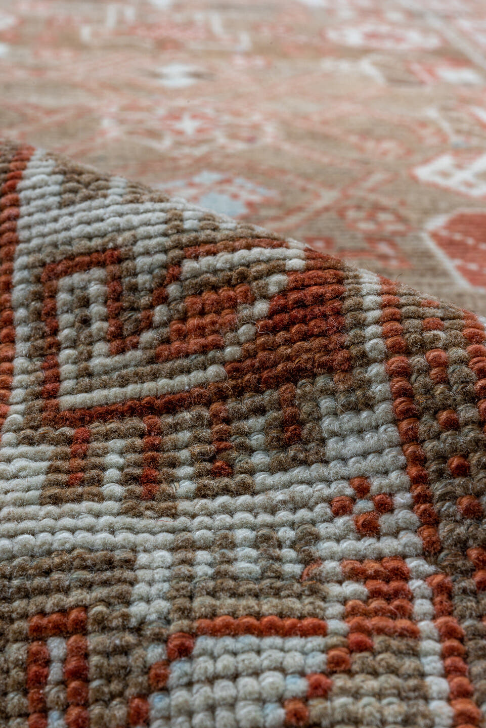2' x 13' one-of-a-kind handmade vintage Malayer runner rug. Color palette: terra cotta, taupe, ivory, rust, camel, brown