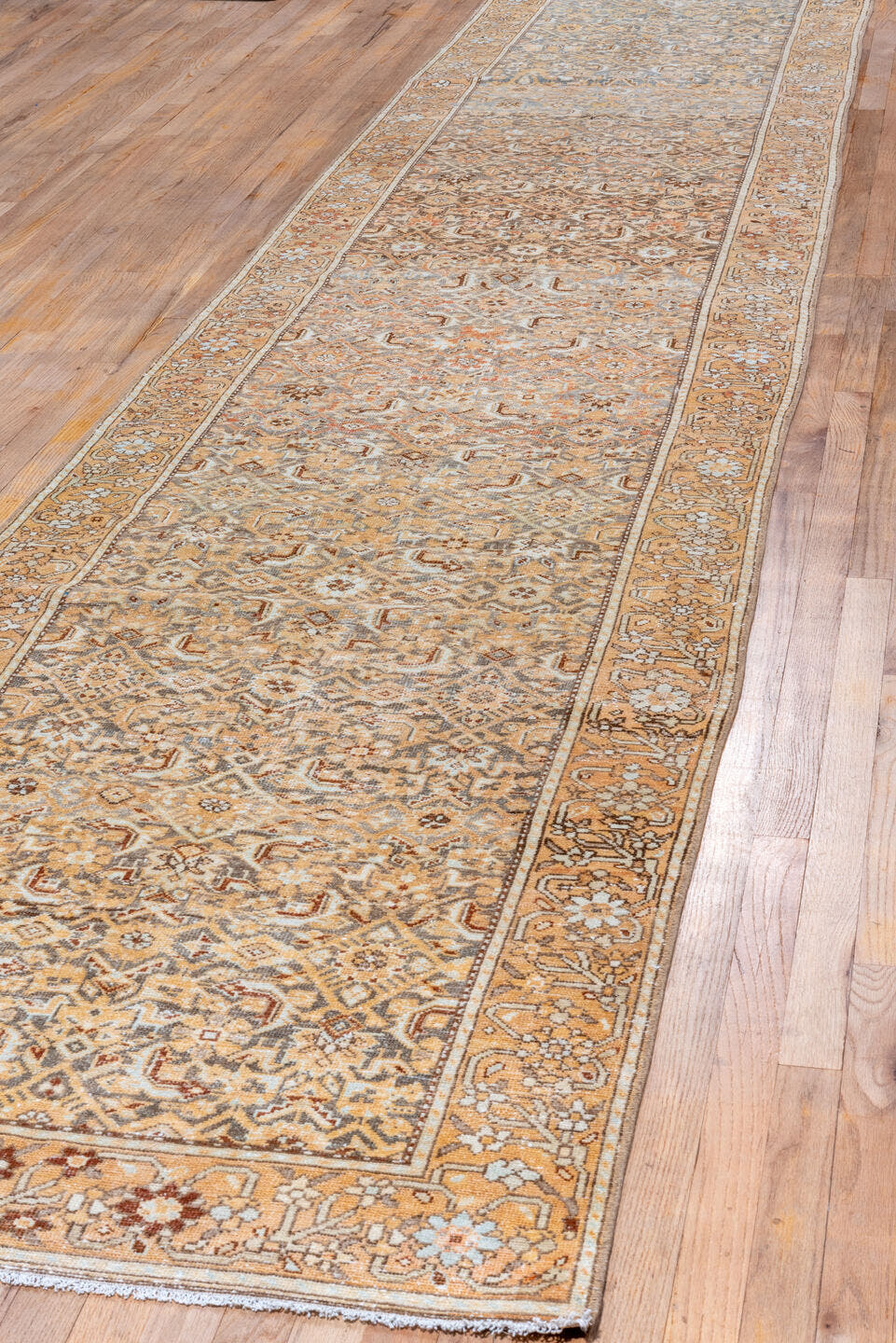 3' x 16' one-of-a-kind handmade vintage Malayer runner rug. Color palette: camel, ivory, sky_blue, taupe, gold, brown, beige