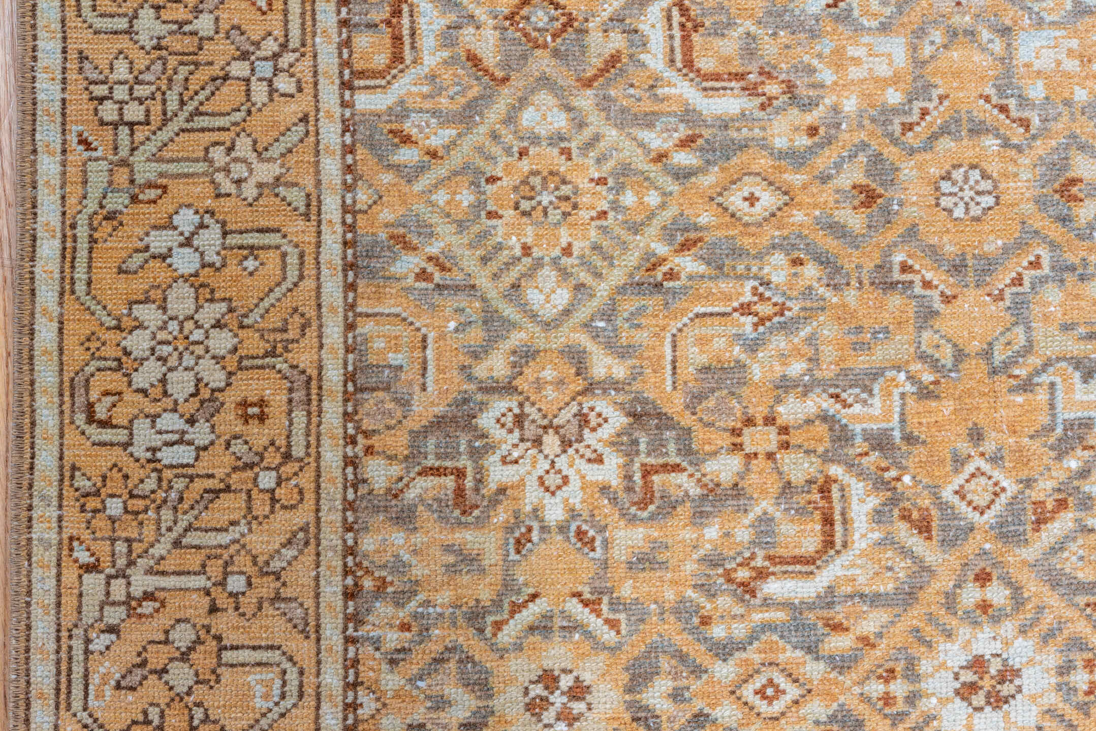 3' x 16' one-of-a-kind handmade vintage Malayer runner rug. Color palette: camel, ivory, sky_blue, taupe, gold, brown, beige