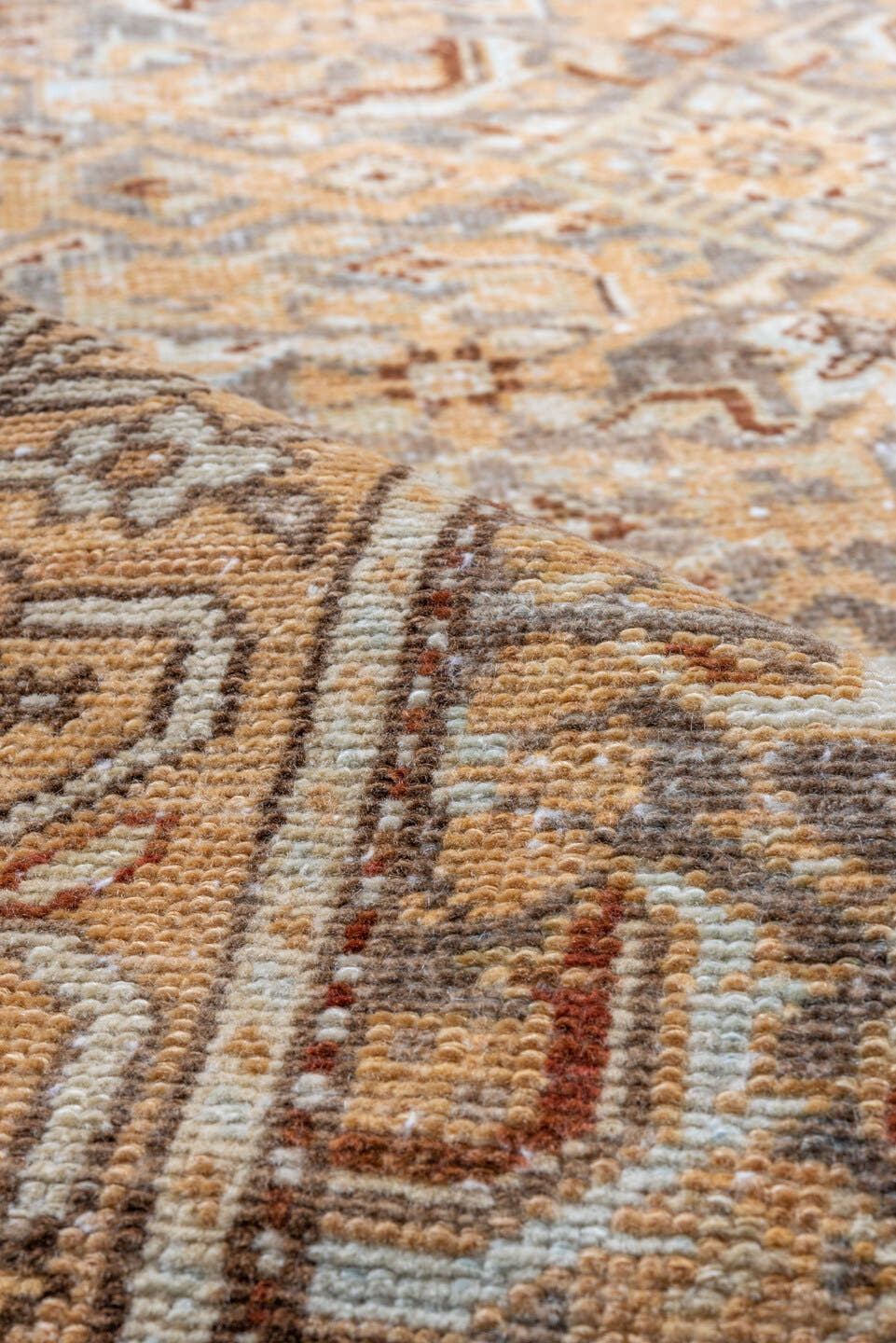 3' x 16' one-of-a-kind handmade vintage Malayer runner rug. Color palette: camel, ivory, sky_blue, taupe, gold, brown, beige