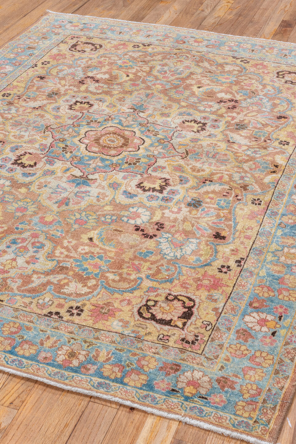 4' x 5' one-of-a-kind handmade vintage Tabriz small size rug. Color palette: ivory, sky blue, camel, rose, taupe, gold