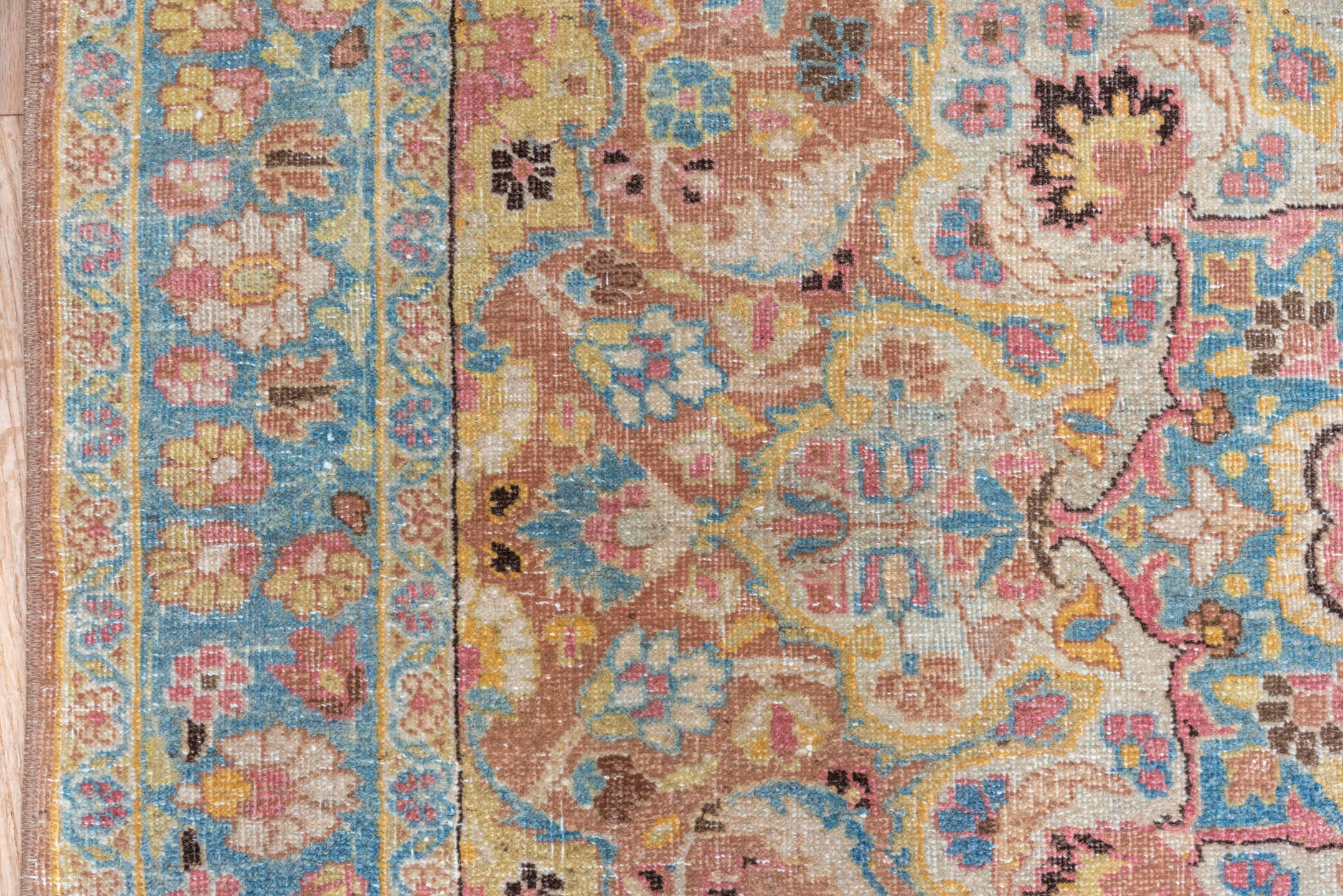 4' x 5' one-of-a-kind handmade vintage Tabriz small size rug. Color palette: ivory, sky blue, camel, rose, taupe, gold
