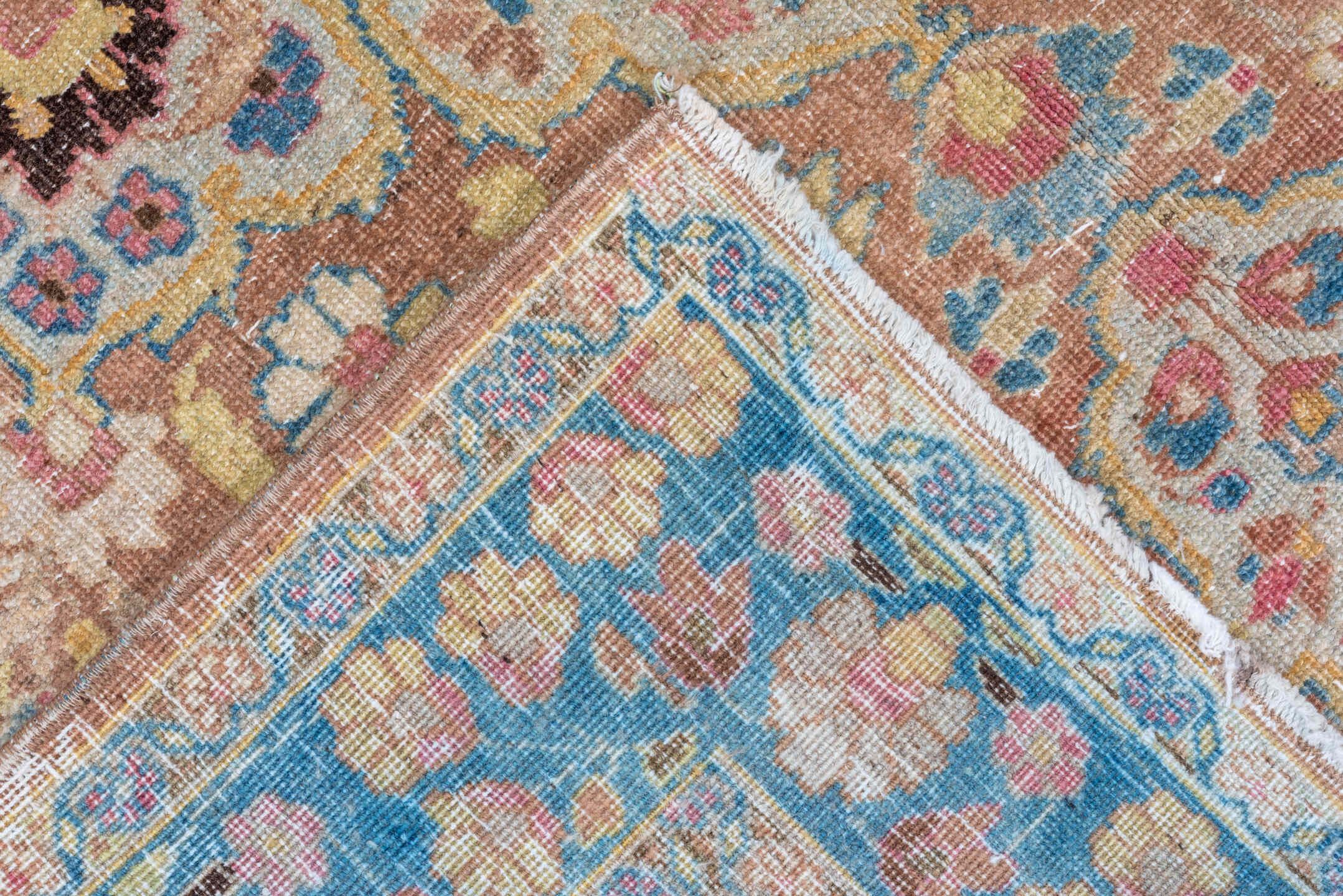 4' x 5' one-of-a-kind handmade vintage Tabriz small size rug. Color palette: ivory, sky blue, camel, rose, taupe, gold