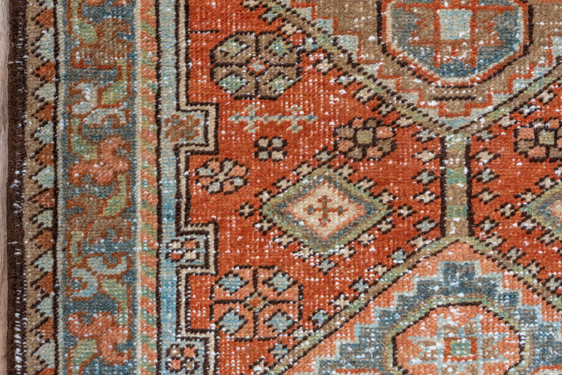 2' x 10' one-of-a-kind handmade vintage Heriz runner rug. Color palette: terra cotta, ivory, pale blue, taupe, rust, sage