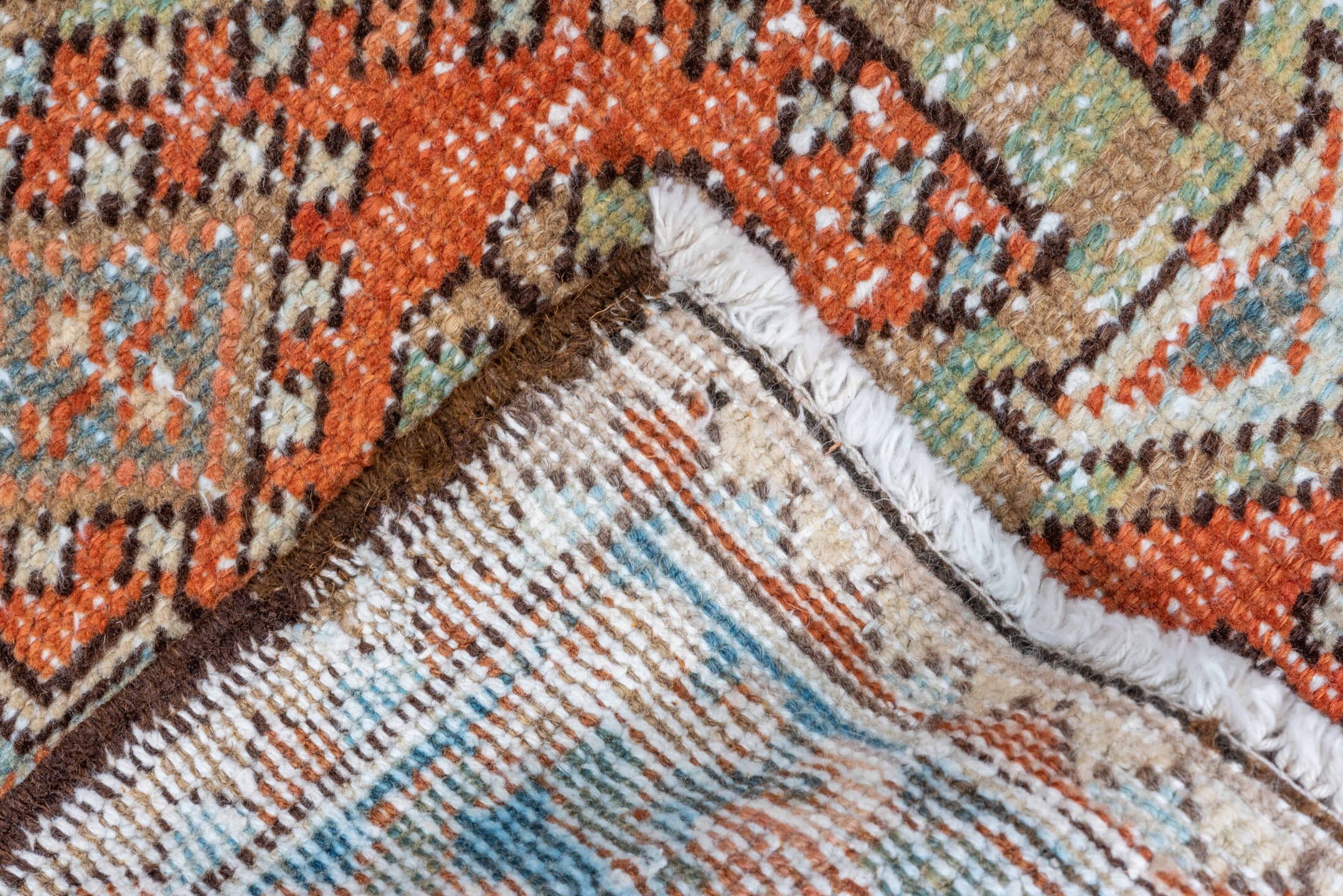 2' x 10' one-of-a-kind handmade vintage Heriz runner rug. Color palette: terra cotta, ivory, pale blue, taupe, rust, sage