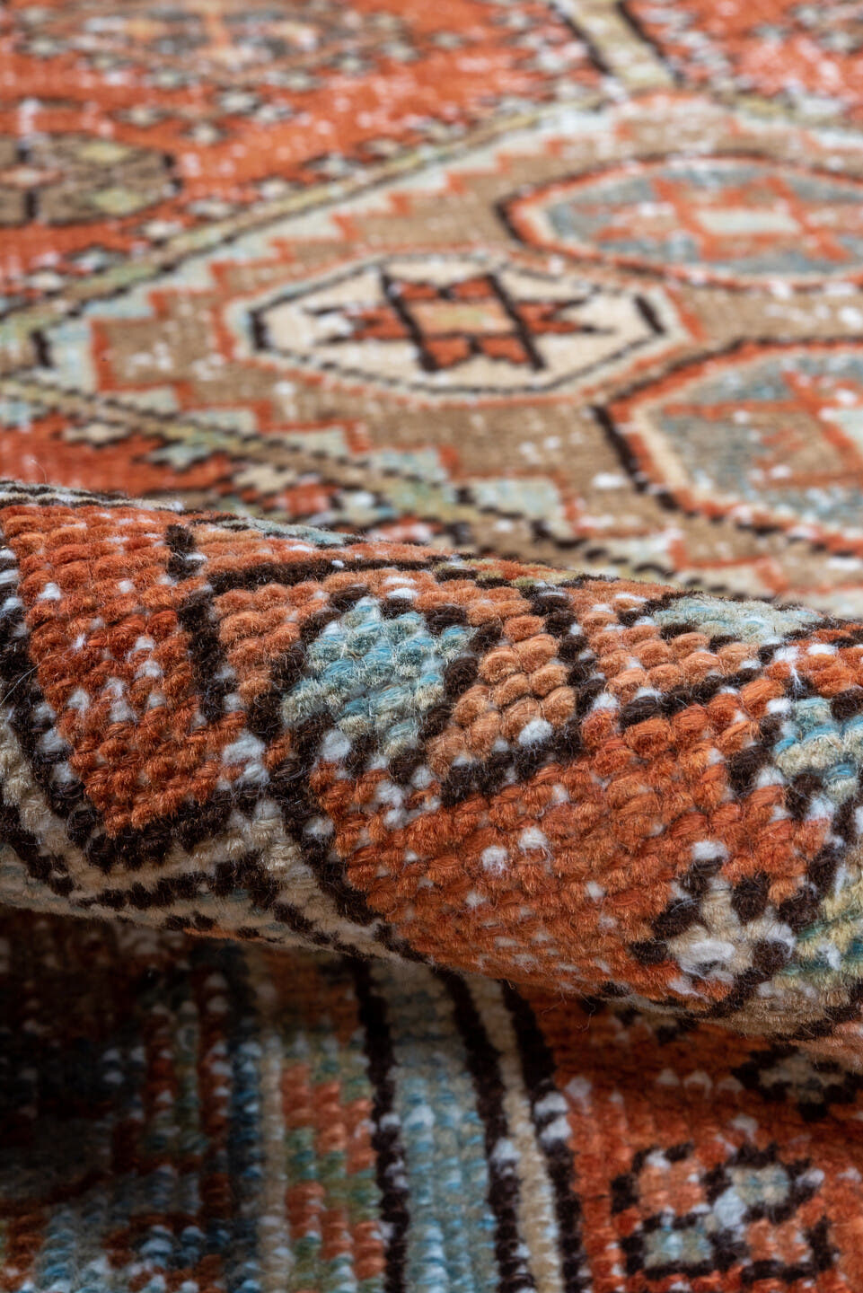 2' x 10' one-of-a-kind handmade vintage Heriz runner rug. Color palette: terra cotta, ivory, pale blue, taupe, rust, sage