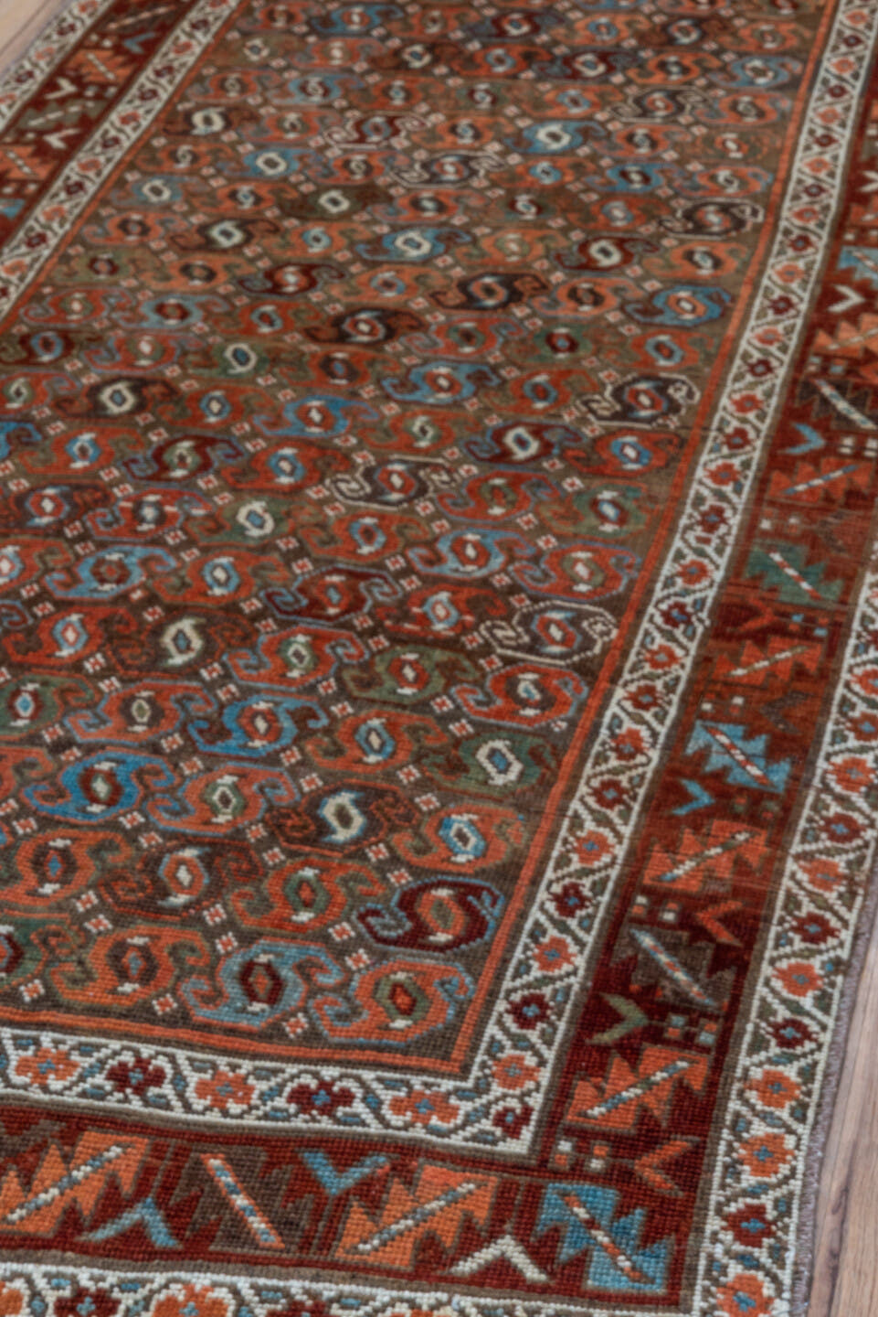 3' x 14' one-of-a-kind handmade vintage Malayer runner rug. Color palette: rust, ivory, slate, terracotta, brown, sky_blue