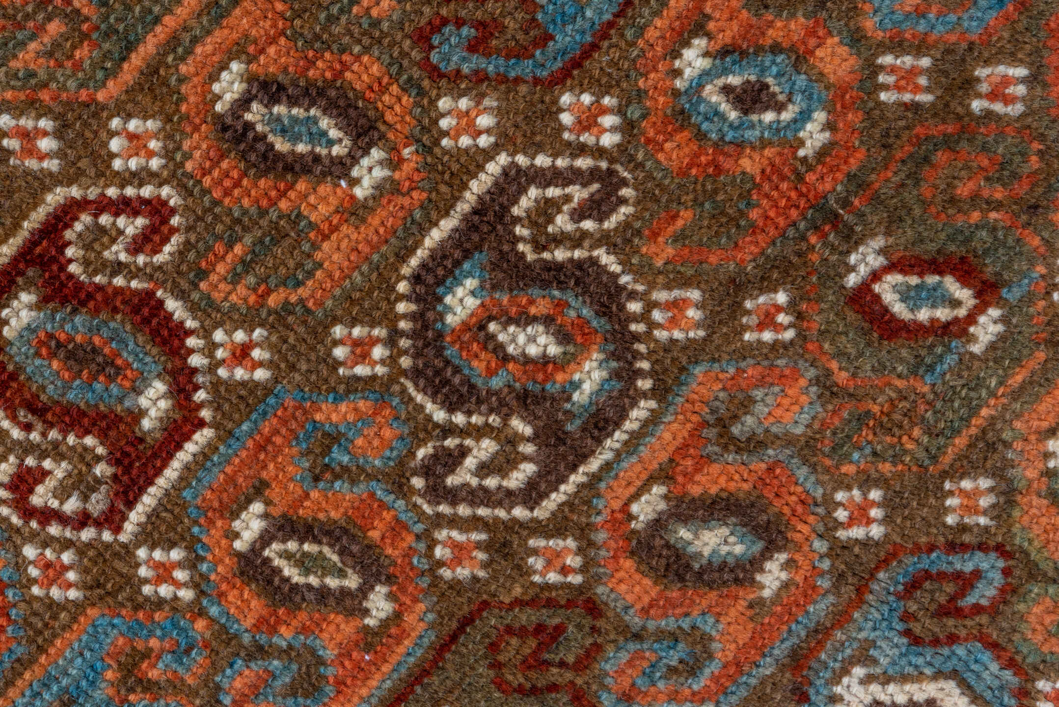 3' x 14' one-of-a-kind handmade vintage Malayer runner rug. Color palette: rust, ivory, slate, terracotta, brown, sky_blue