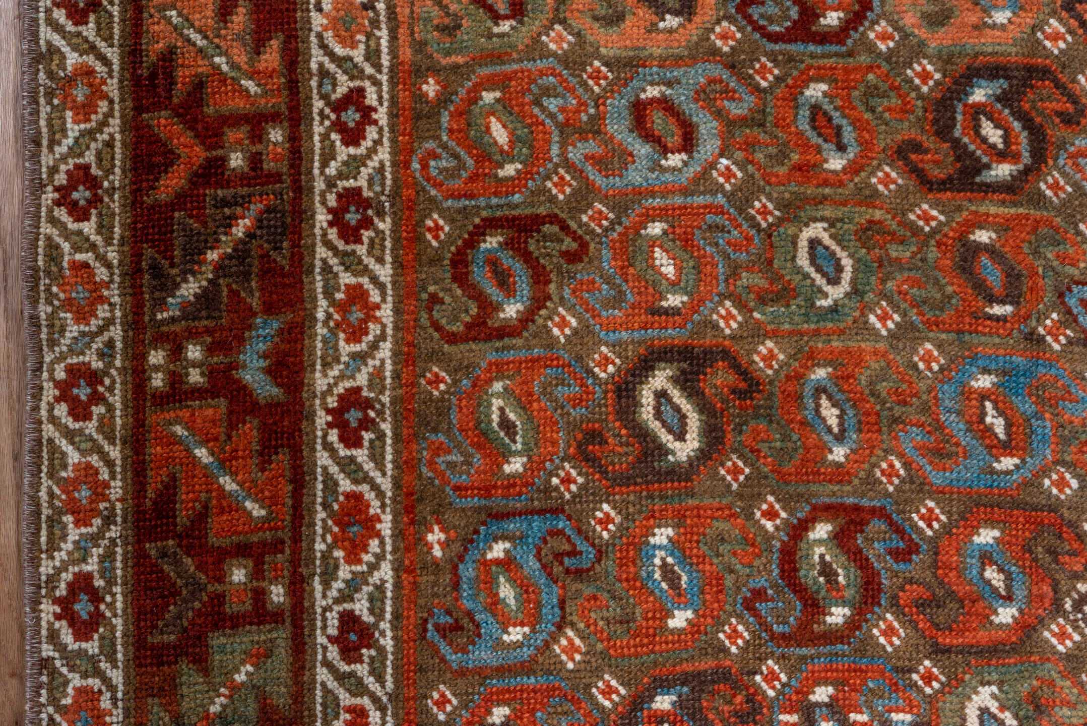 3' x 14' one-of-a-kind handmade vintage Malayer runner rug. Color palette: rust, ivory, slate, terracotta, brown, sky_blue
