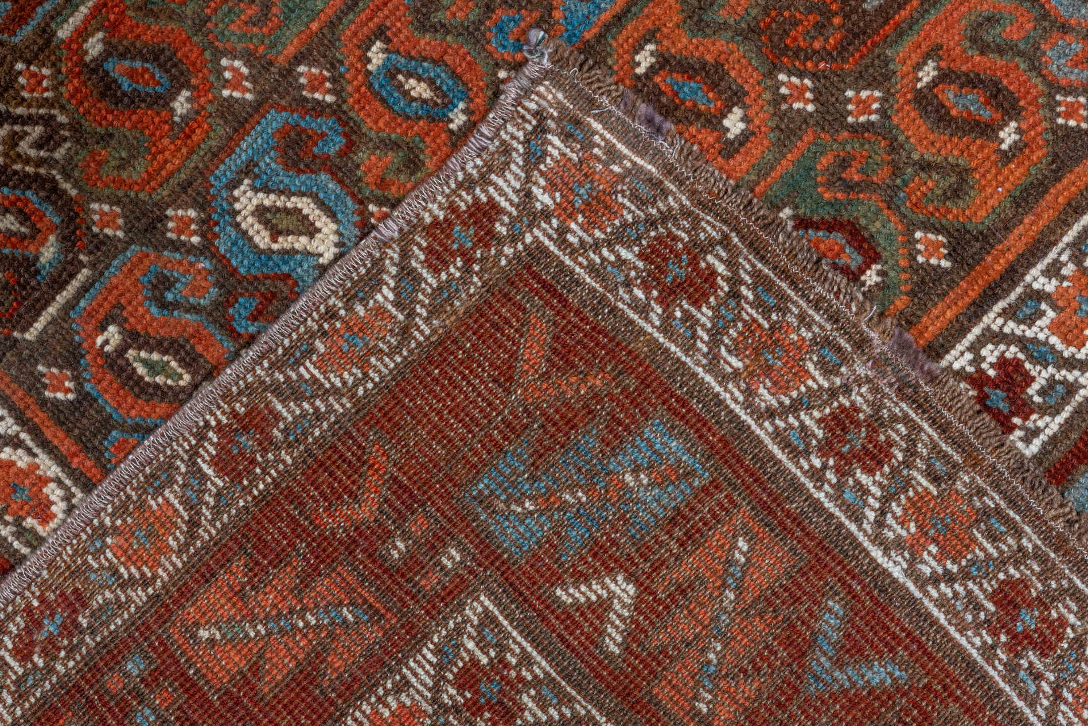 3' x 14' one-of-a-kind handmade vintage Malayer runner rug. Color palette: rust, ivory, slate, terracotta, brown, sky_blue
