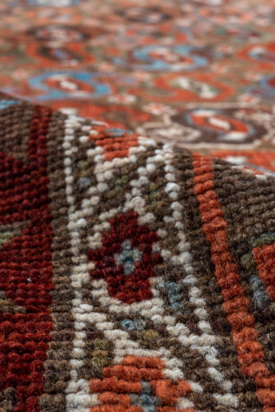 3' x 14' one-of-a-kind handmade vintage Malayer runner rug. Color palette: rust, ivory, slate, terracotta, brown, sky_blue