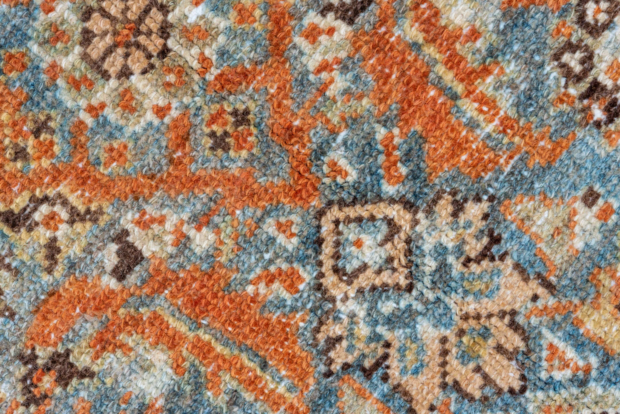 3' x 9' one-of-a-kind handmade vintage Malayer runner rug. Color palette: light blue, rust, ivory, navy, camel, charcoal