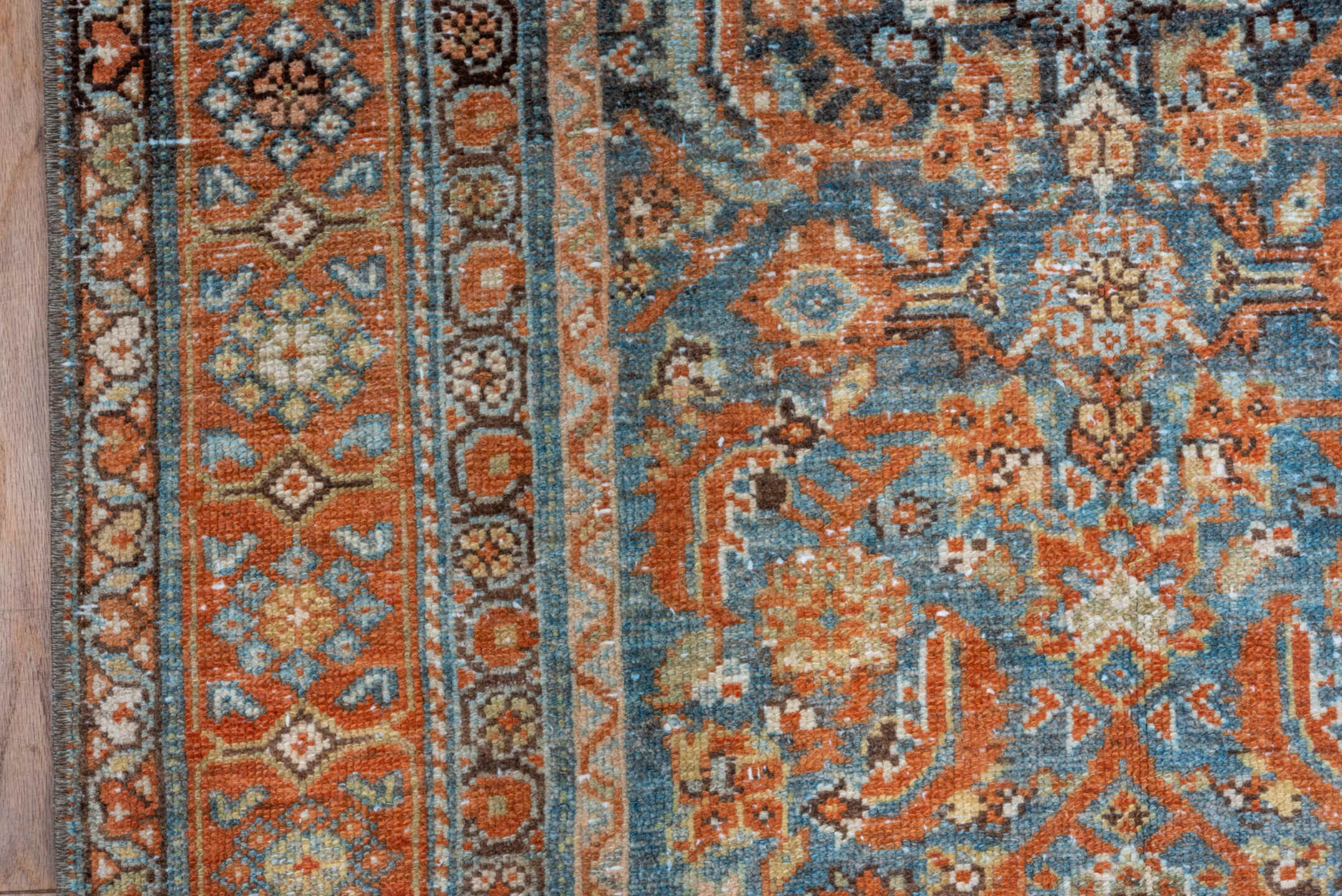 3' x 9' one-of-a-kind handmade vintage Malayer runner rug. Color palette: light blue, rust, ivory, navy, camel, charcoal
