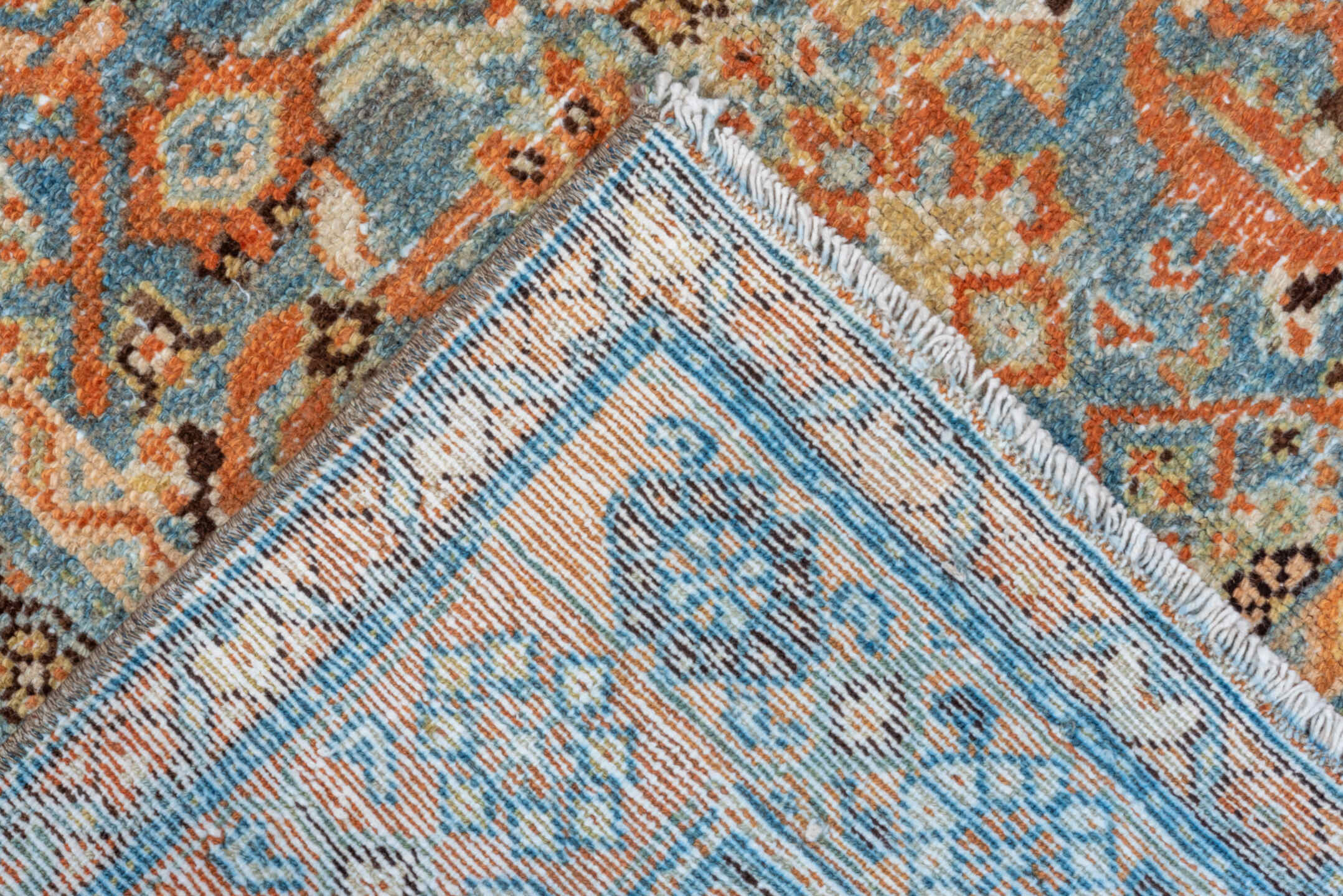 3' x 9' one-of-a-kind handmade vintage Malayer runner rug. Color palette: light blue, rust, ivory, navy, camel, charcoal